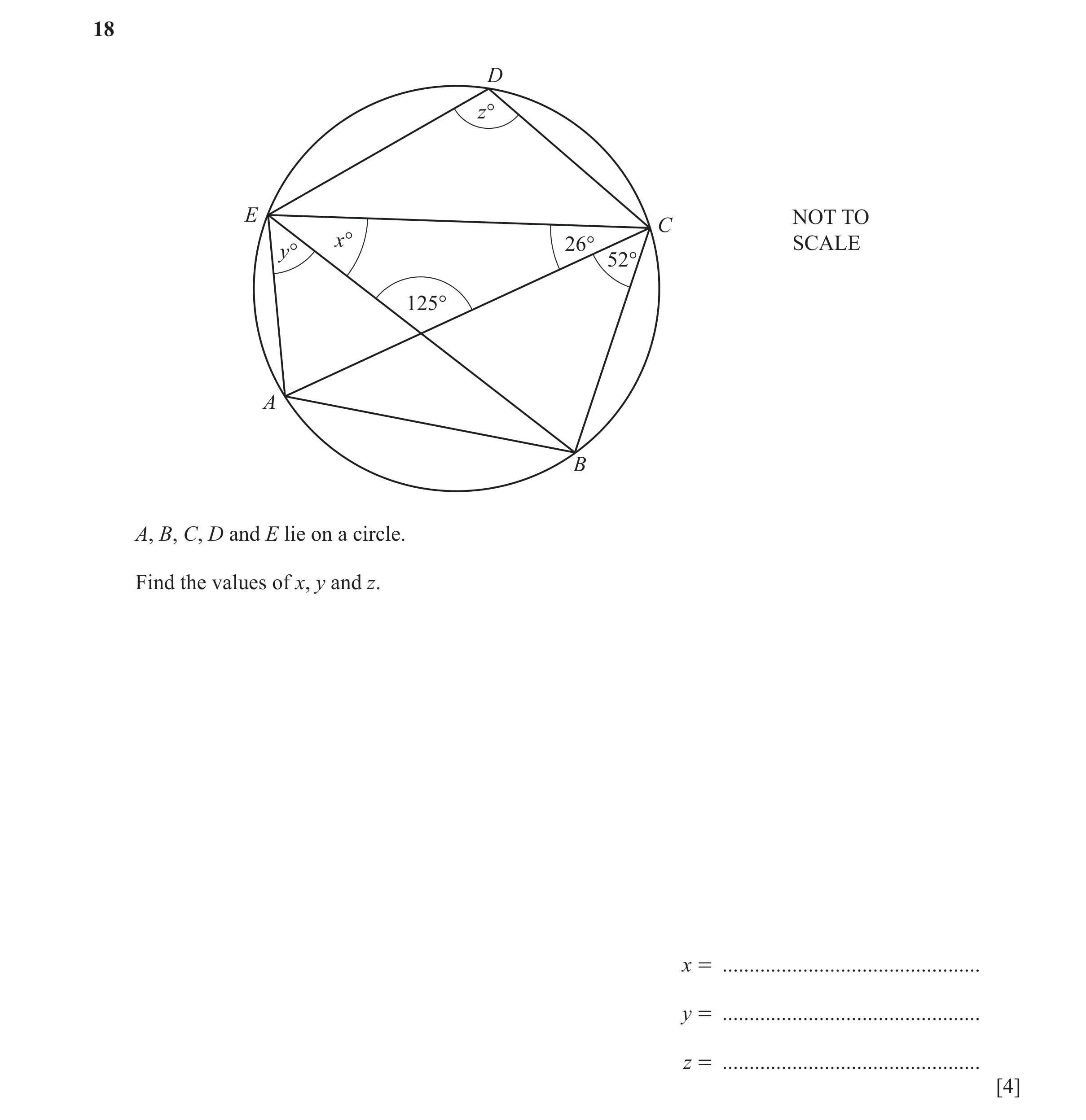 Question 36: D z° E NOT TO C x° 26° SCALE y° 52° 125° A B A, B, C, D and E lie on a circle. Find the values of x, y and z. x = .........................…