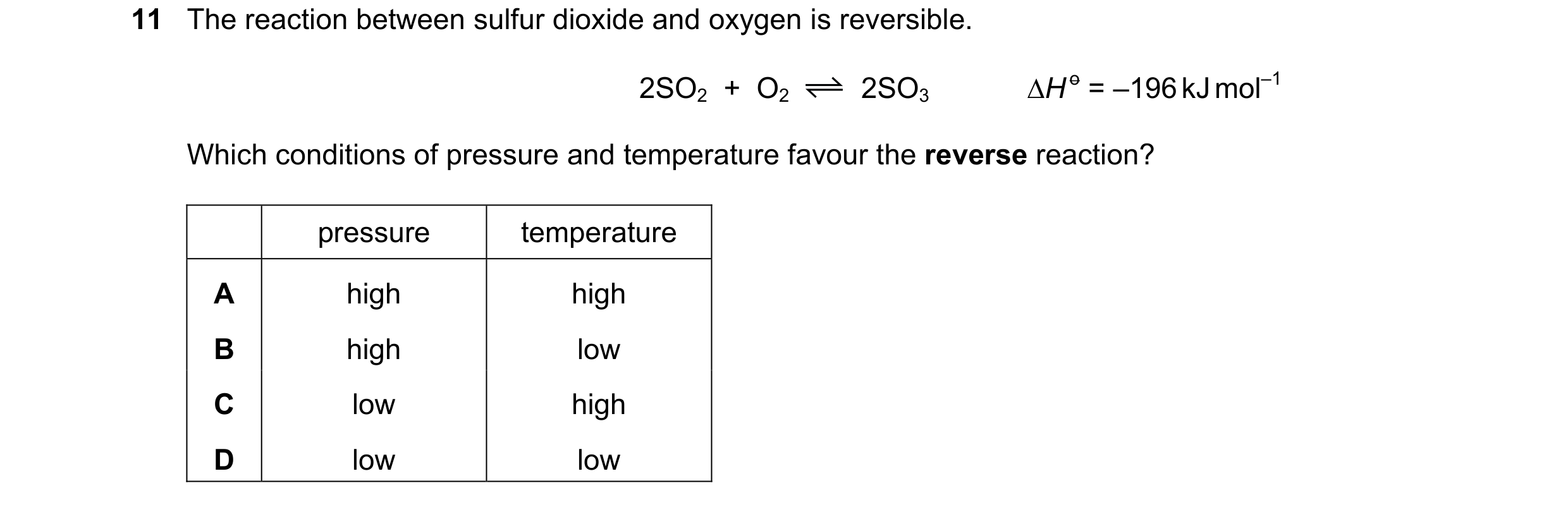Question 85: The reaction between sulfur dioxide and oxygen is reversible. 2SO2  +  O2 2SO3 ∆H o = –196 kJ mol–1 Which conditions of pressure and temper…
