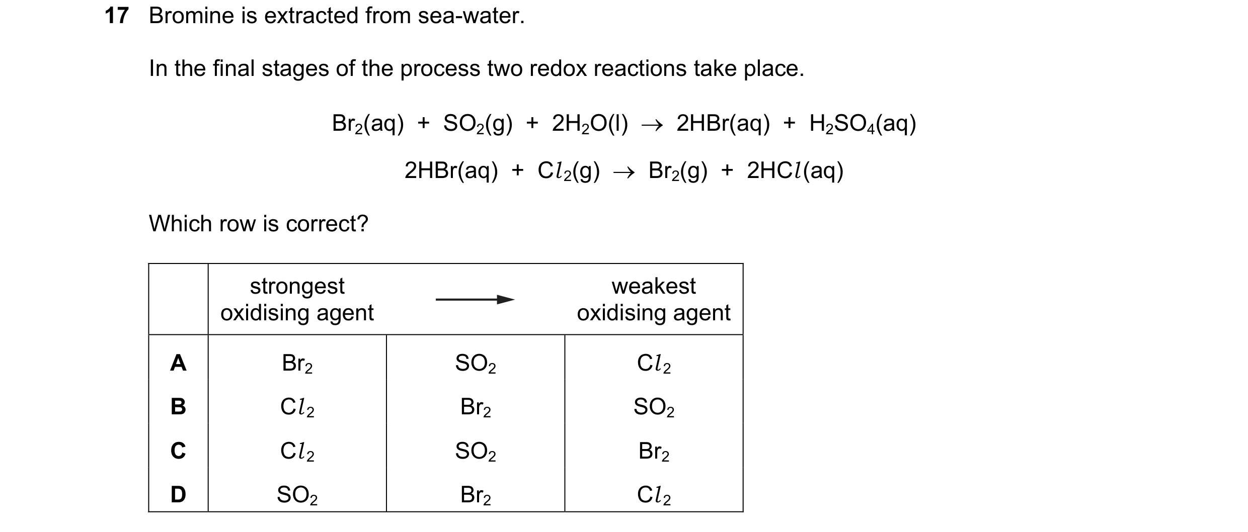 Question 55: Bromine is extracted from sea-water. In the final stages of the process two redox reactions take place. Br2(aq)  +  SO2(g)  +  2H2O(l)  →  …