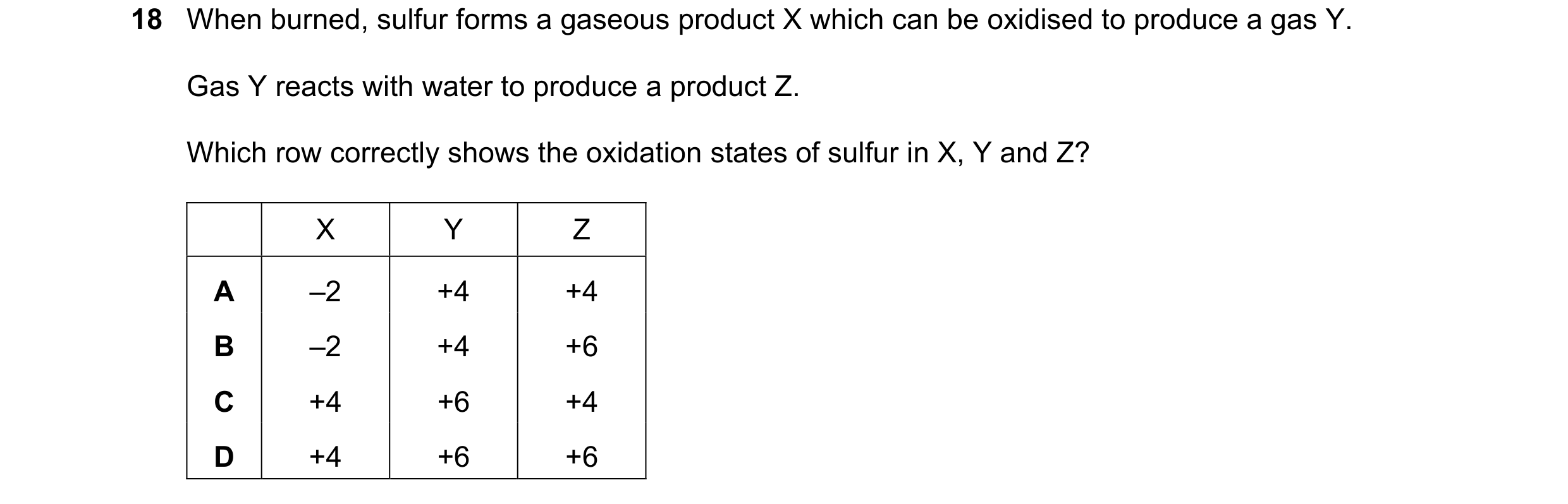 Question 73: When burned, sulfur forms a gaseous product X which can be oxidised to produce a gas Y. Gas Y reacts with water to produce a product Z. Whi…
