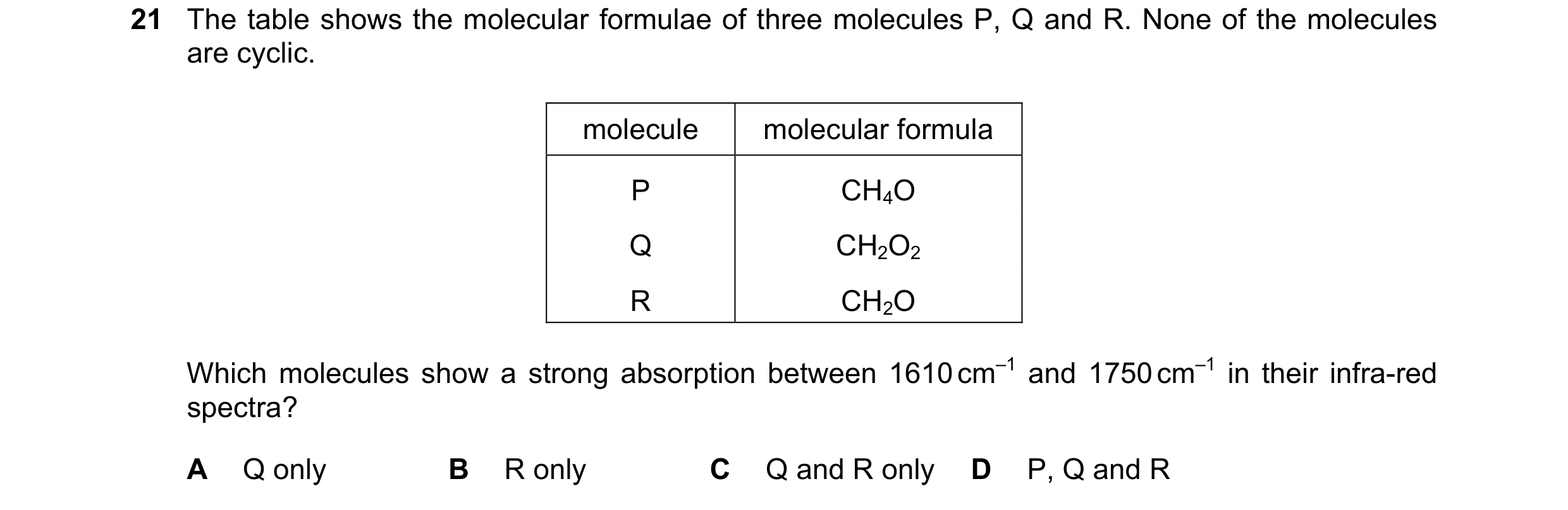 Question 17: The table shows the molecular formulae of three molecules P, Q and R. None of the molecules are cyclic. molecule molecular formula P CH4O Q…