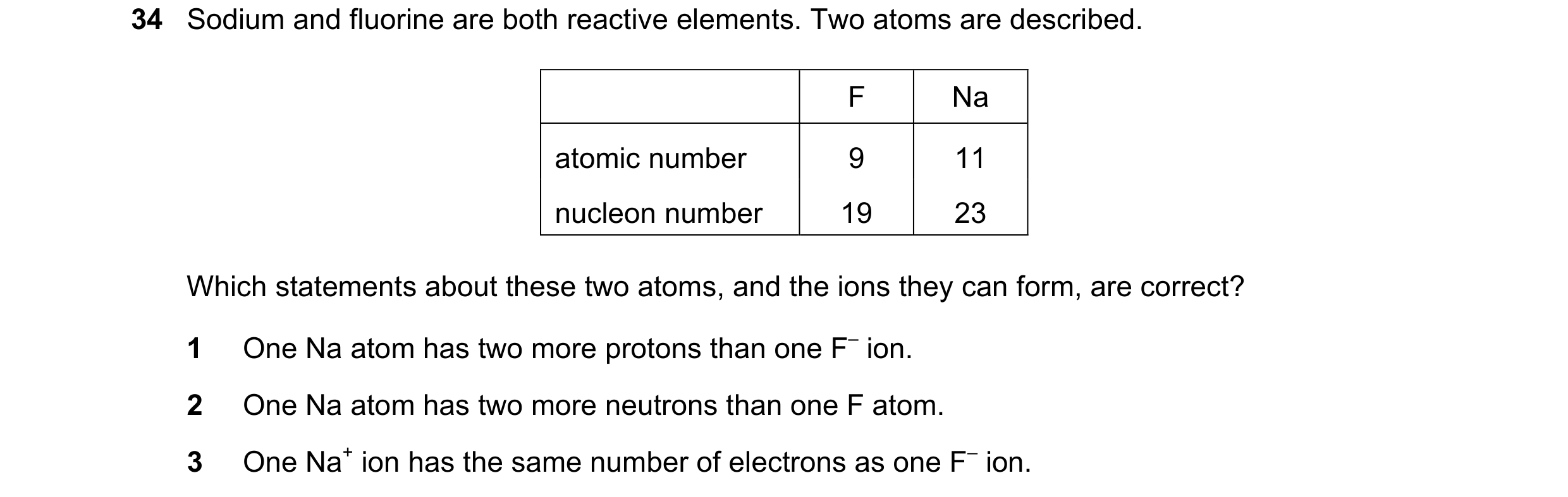 Question 87: Sodium and fluorine are both reactive elements. Two atoms are described. F Na atomic number 9 11 nucleon number 19 23 Which statements abou…