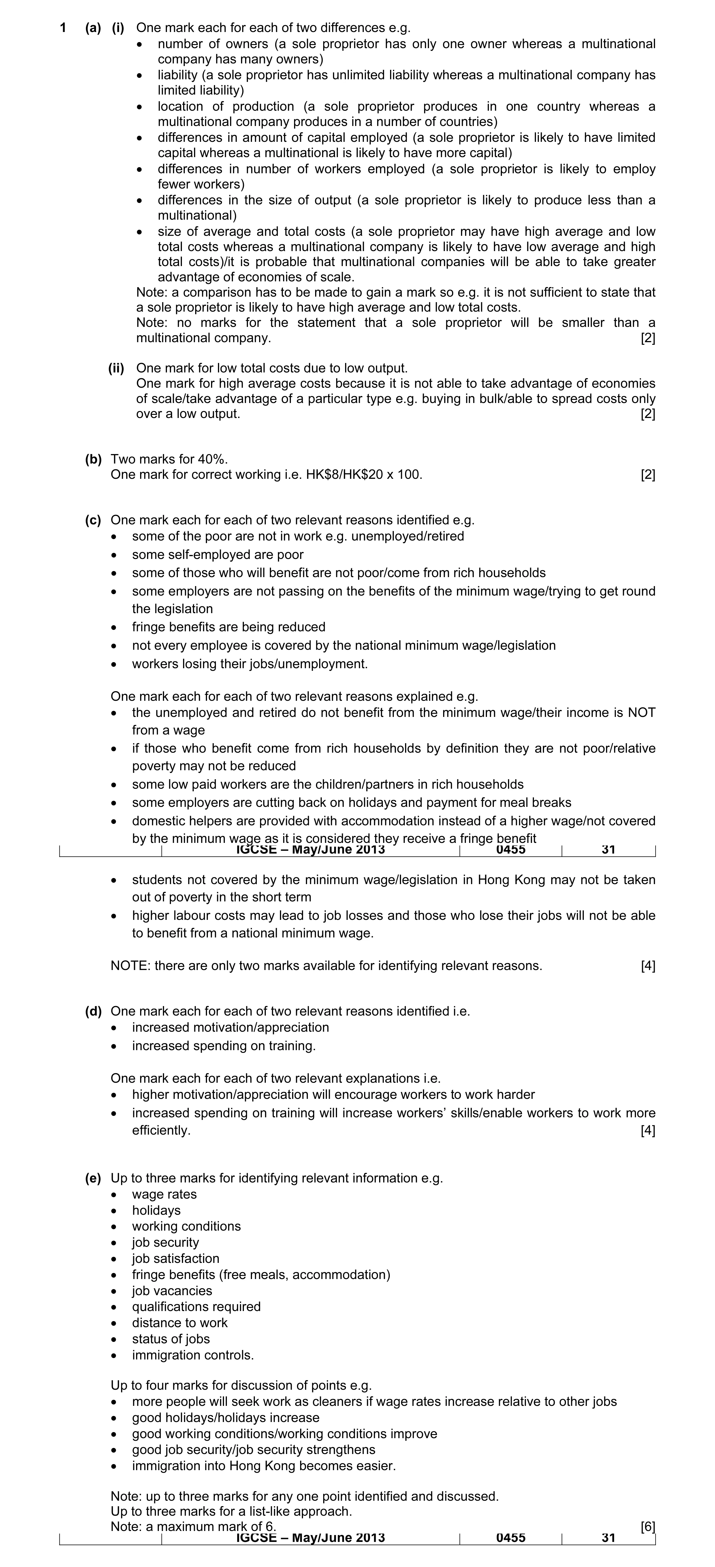 Mark scheme for question 10