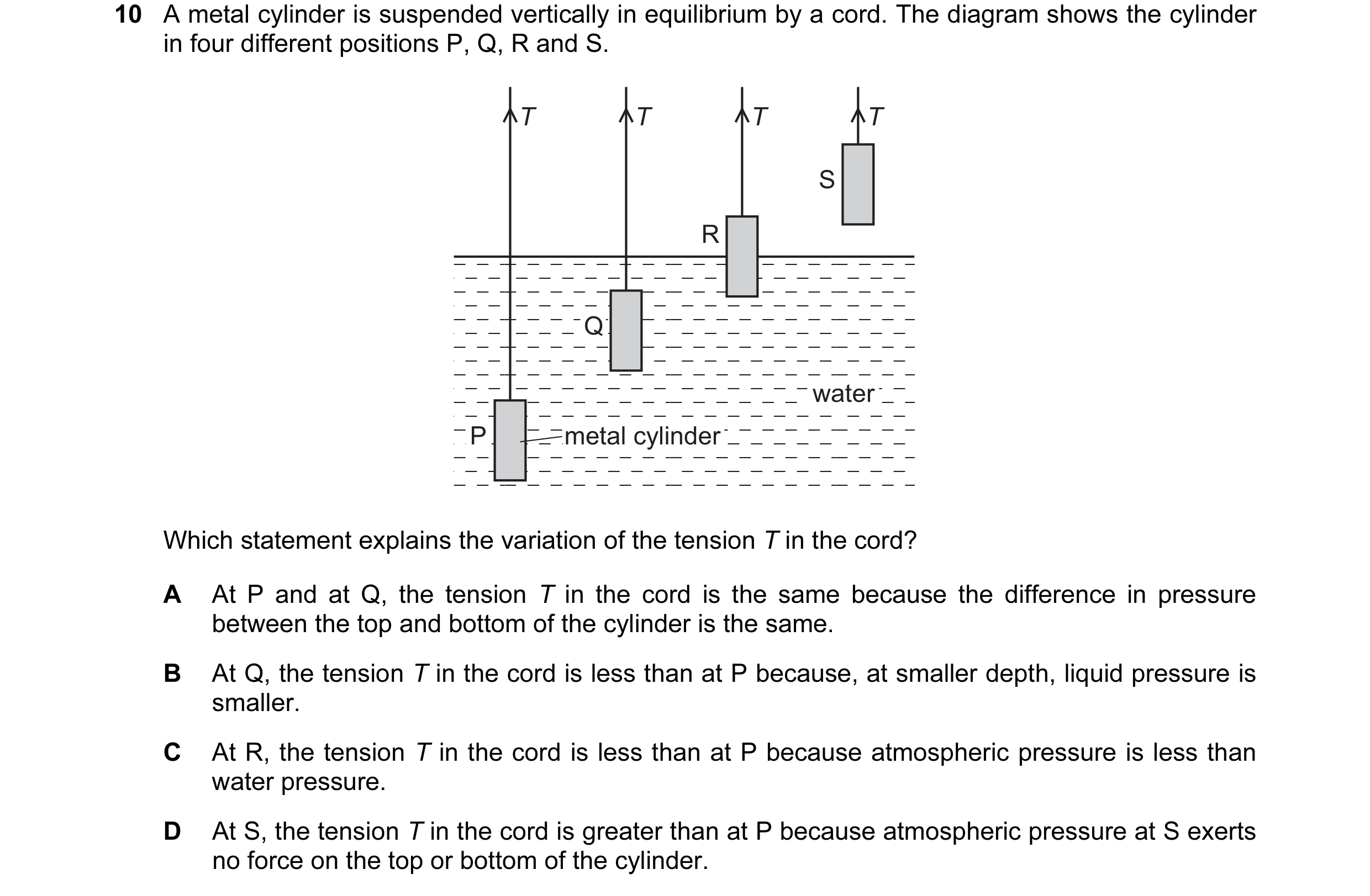 Question 82: A metal cylinder is suspended vertically in equilibrium by a cord. The diagram shows the cylinder in four different positions P, Q, R and S…