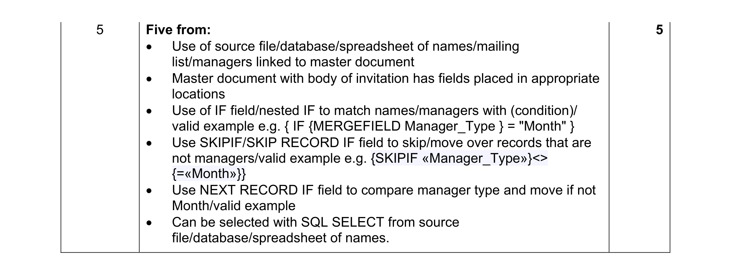 Mark scheme for question 8