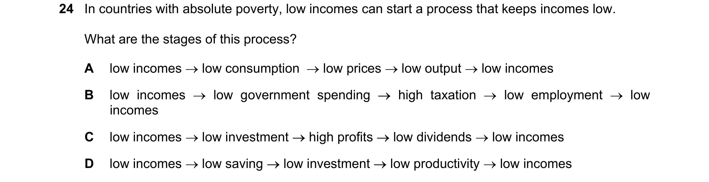 Question 4: In countries with absolute poverty, low incomes can start a process that keeps incomes low. What are the stages of this process? A low inco…