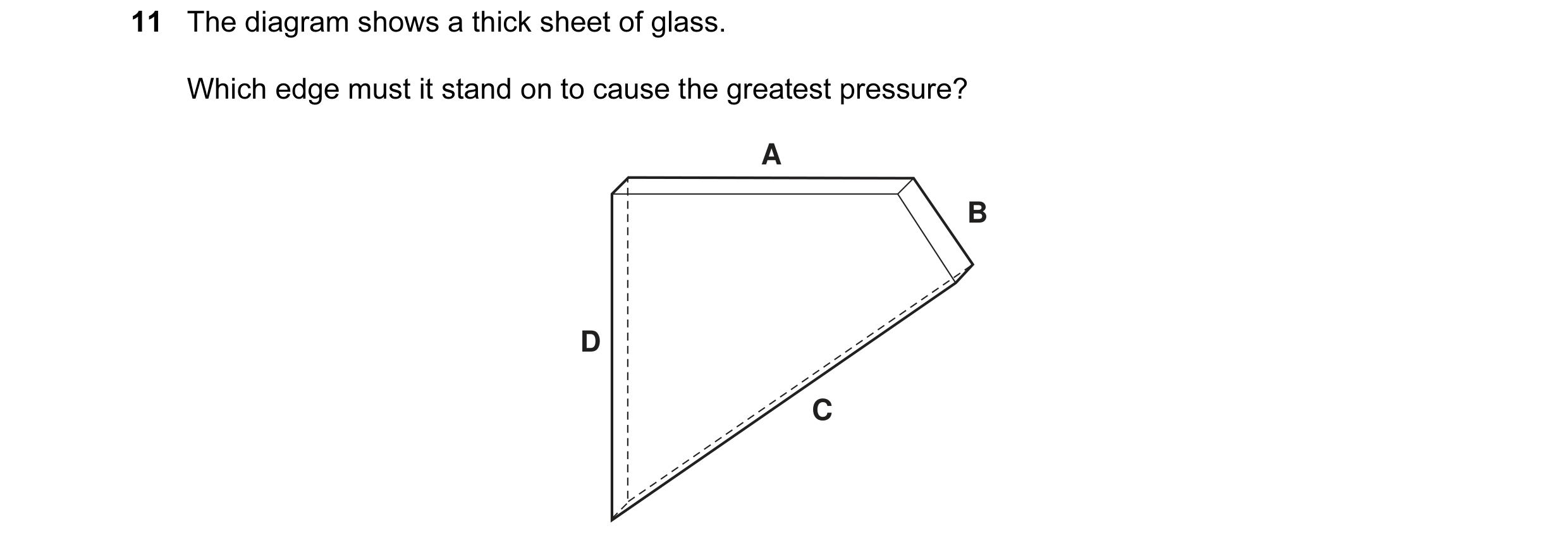 Question 7: The diagram shows a thick sheet of glass. Which edge must it stand on to cause the greatest pressure? A B D C