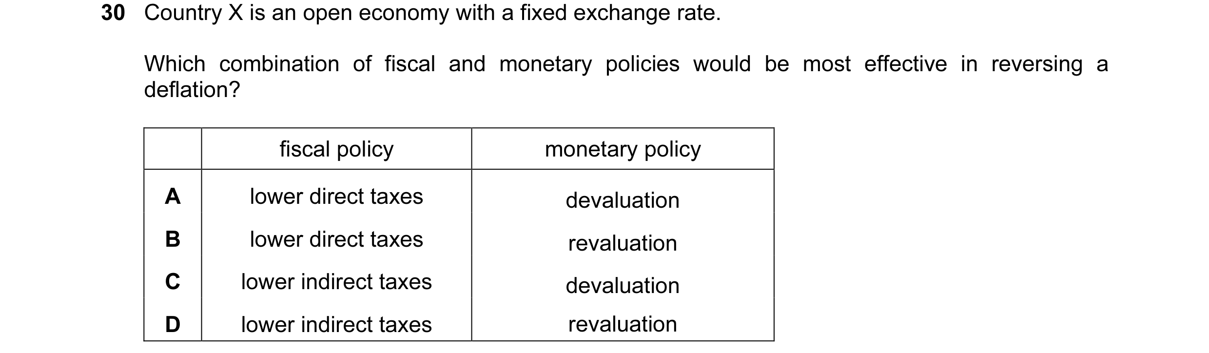Question 26: Country X is an open economy with a fixed exchange rate. Which combination of fiscal and monetary policies would be most effective in rever…