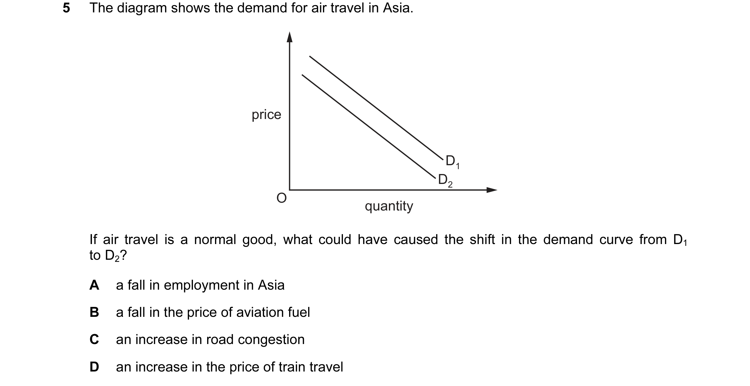 Question 119: The diagram shows the demand for air travel in Asia. price D1 D2 O quantity If air travel is a normal good, what could have caused the shif…