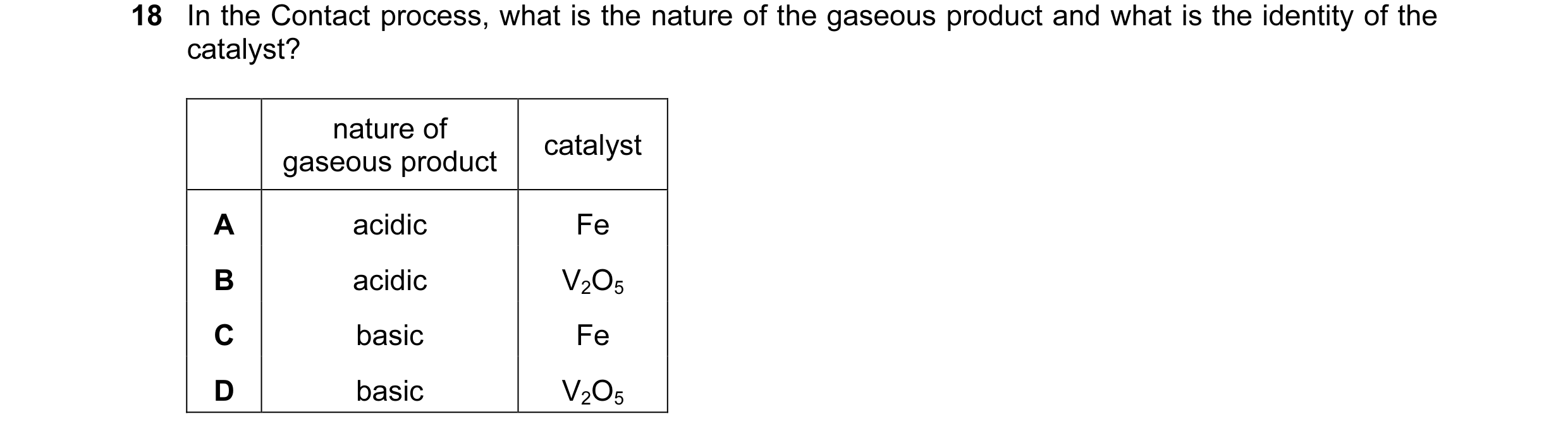 Question 32: In the Contact process, what is the nature of the gaseous product and what is the identity of the catalyst? nature of catalyst gaseous prod…