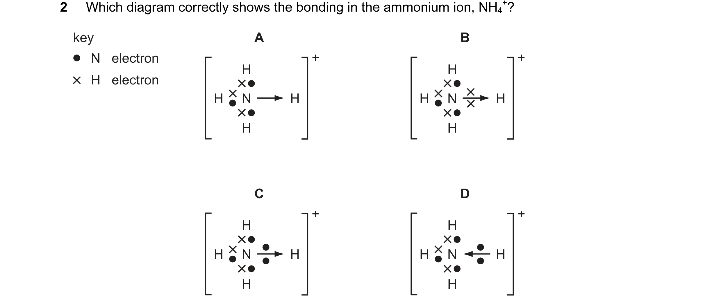 Question 3: Which diagram correctly shows the bonding in the ammonium ion, NH4 +? key A B N electron + + H H H electron H N H H N H H H C D + + H H…