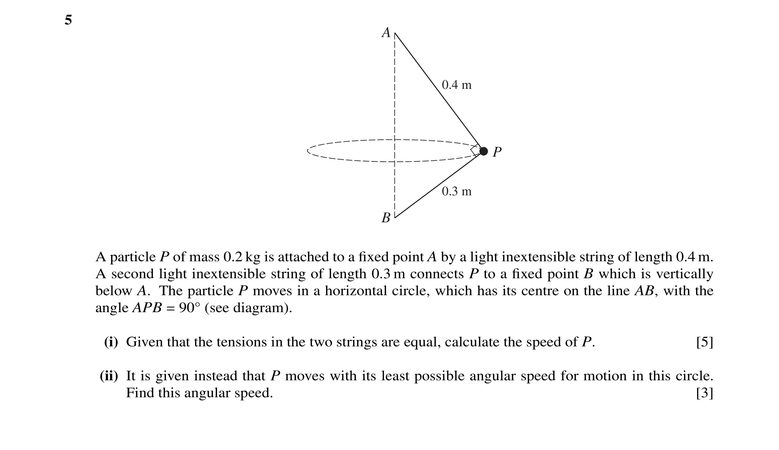 Question 20: A 0.4 m P 0.3 m B A particle P of mass 0.2 kg is attached to a ﬁxed point A by a light inextensible string of length 0.4 m. A second light …
