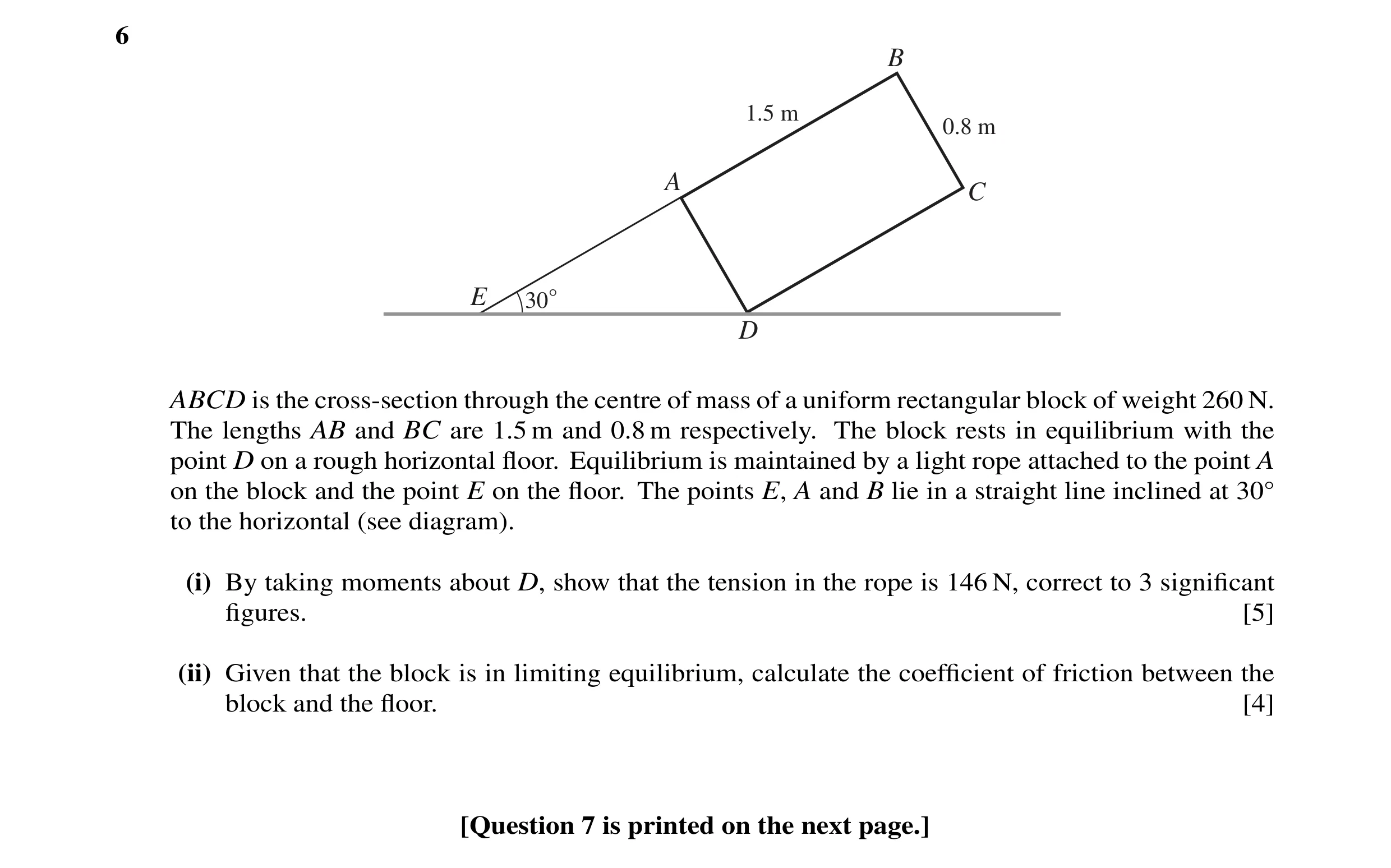 Question 90: B 1.5 m 0.8 m A C E 30° D ABCD is the cross-section through the centre of mass of a uniform rectangular block of weight 260 N. The lengths …