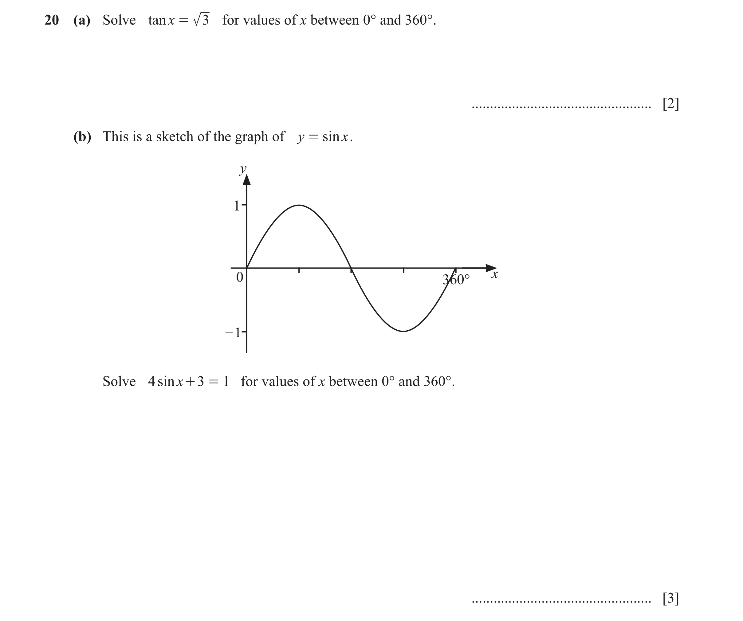 Question 13: (a) Solve tanx = 3 for values of x between 0° and 360°. ................................................. [2] (b) This is a sketch of the g…
