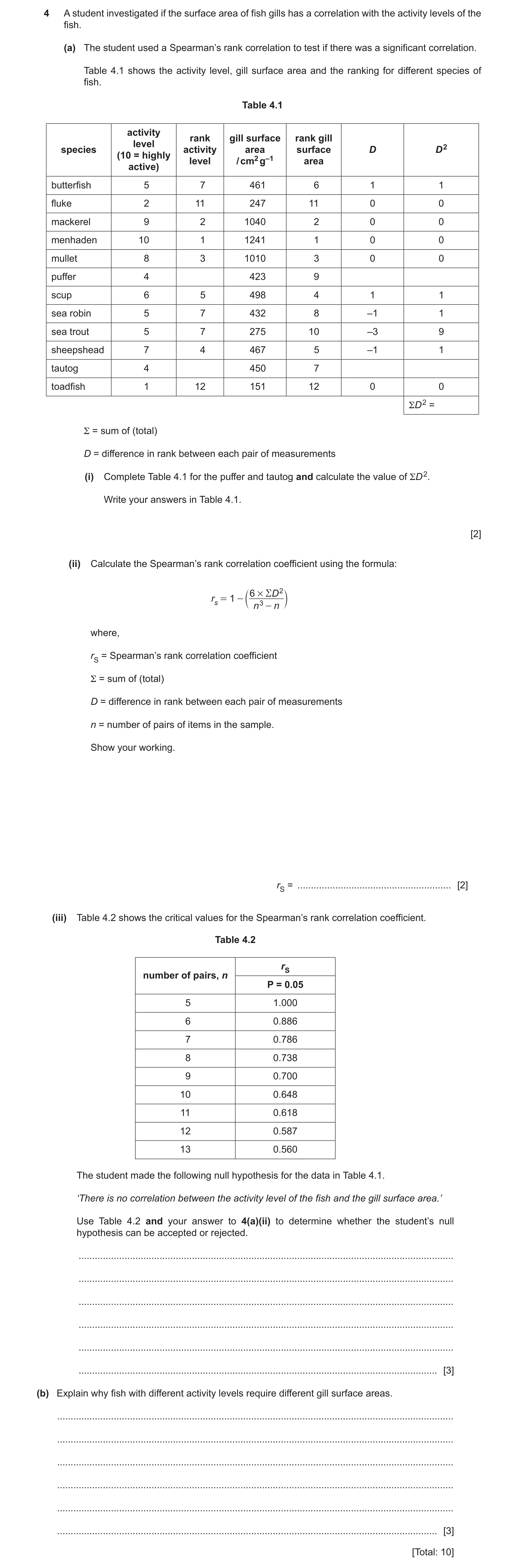 Question 9: A student investigated if the surface area of fish gills has a correlation with the activity levels of the fish. (a) The student used a Spe…