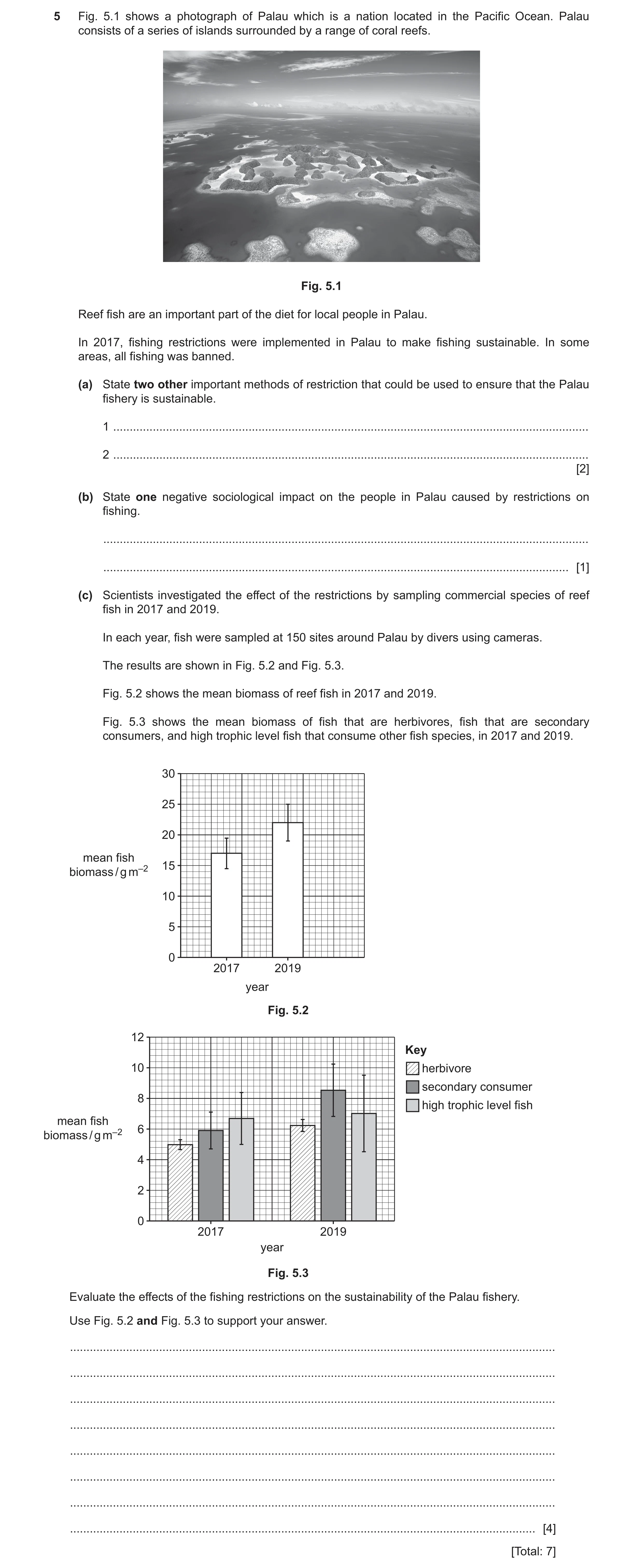Question 19: Fig. 5.1 shows a photograph of Palau which is a nation located in the Pacific Ocean. Palau consists of a series of islands surrounded by a …