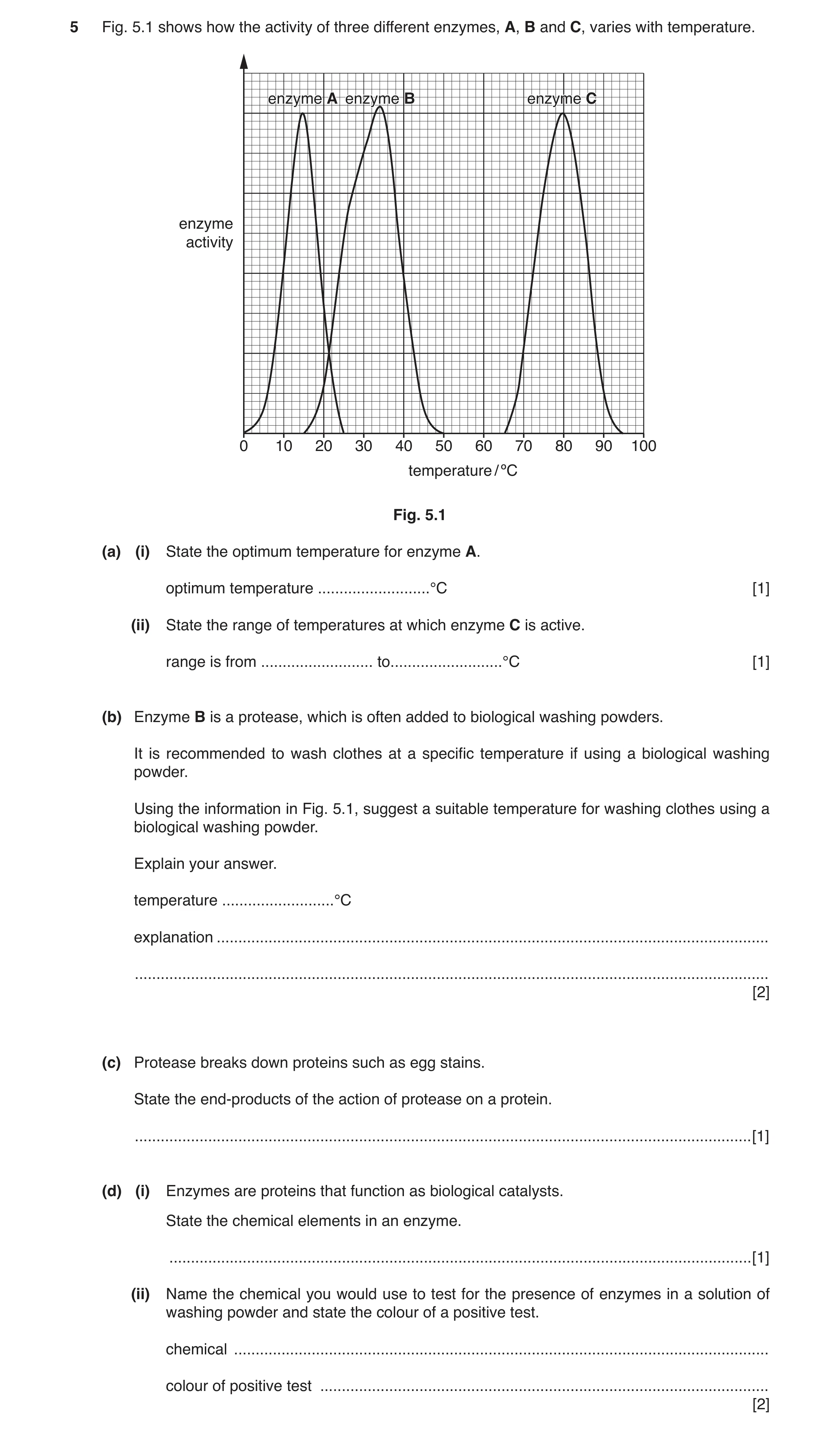 Question 3: Fig. 5.1 shows how the activity of three different enzymes, A, B and C, varies with temperature. enzymeenzyme AA enzymeenzyme BB enzymeenzy…