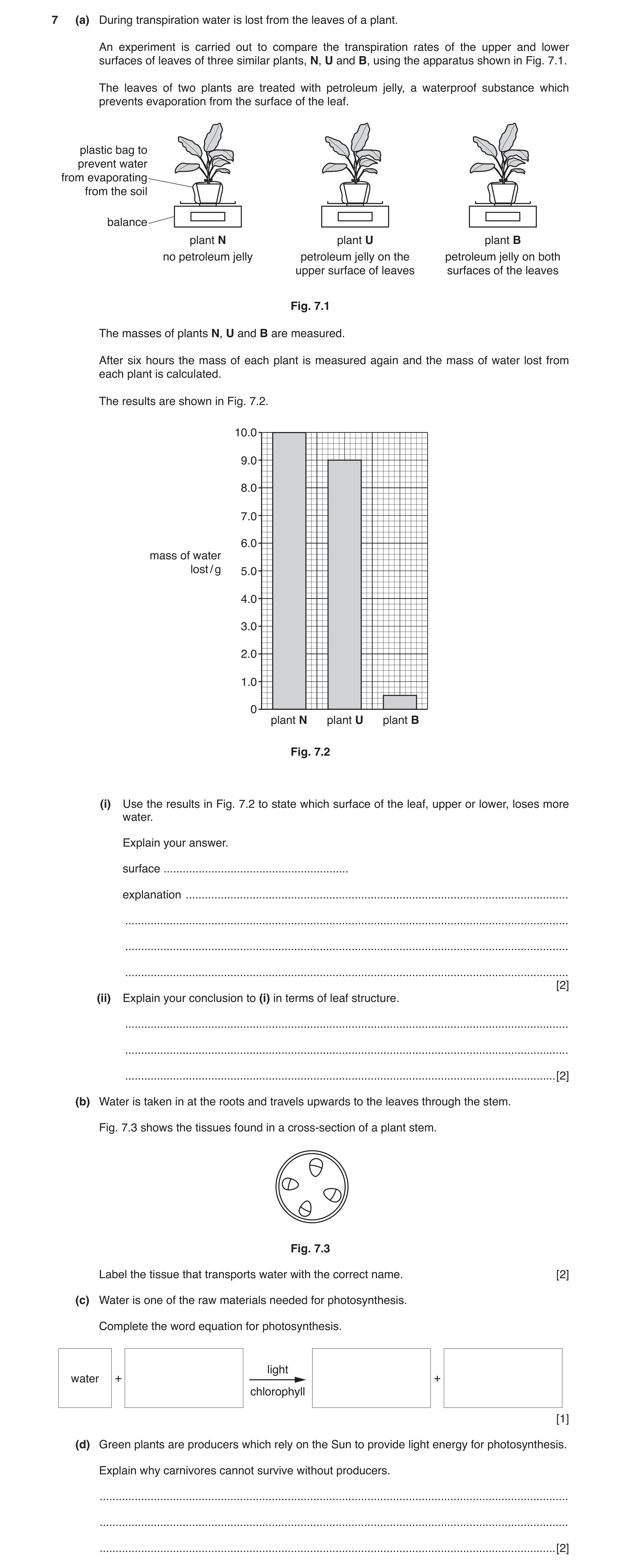 Question 3: (a) During transpiration water is lost from the leaves of a plant. An experiment is carried out to compare the transpiration rates of the u…
