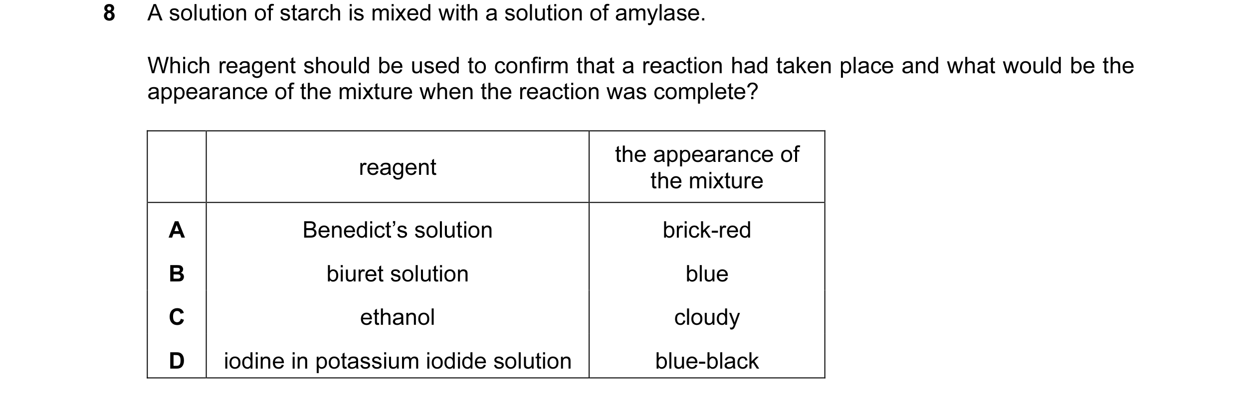 Question 2: A solution of starch is mixed with a solution of amylase. Which reagent should be used to confirm that a reaction had taken place and what …