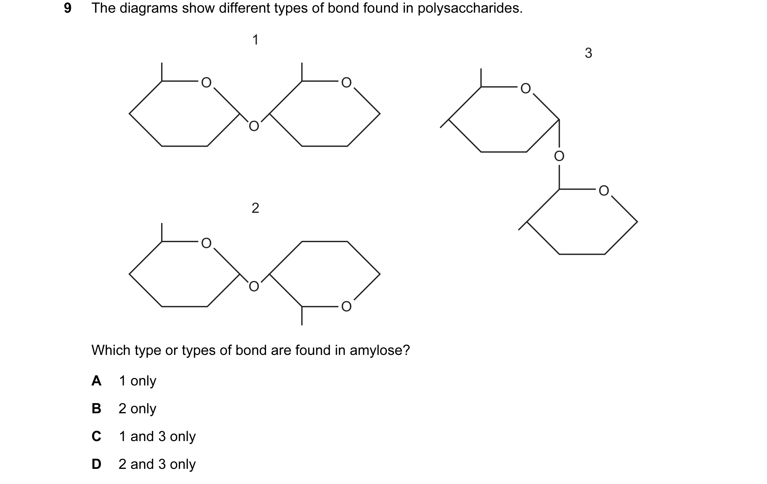 Question 7: The diagrams show different types of bond found in polysaccharides. 1 3 O O O O O O 2 O O O Which type or types of bond are found in amylos…