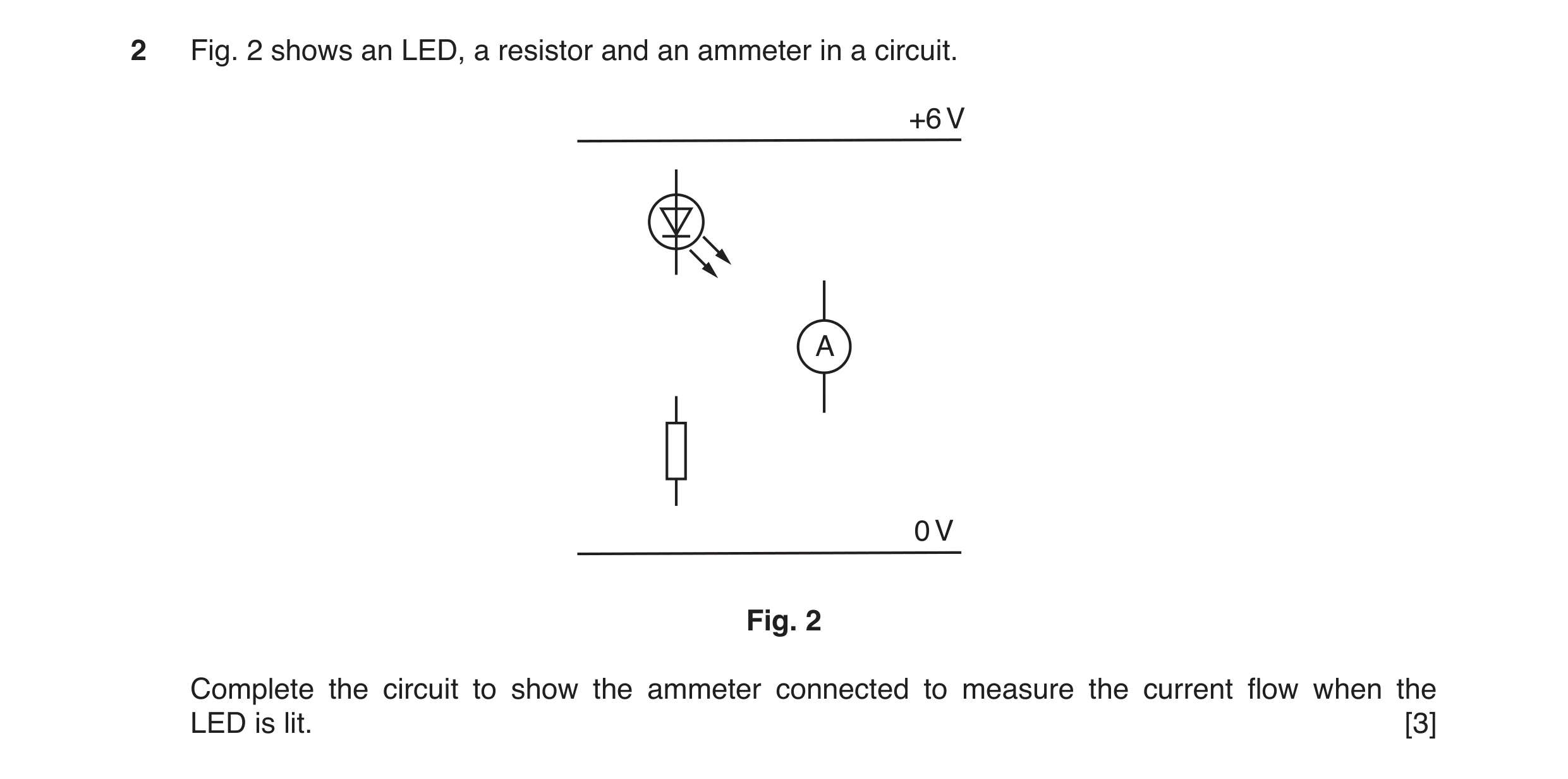 Question 16: Fig. 2 shows an LED, a resistor and an ammeter in a circuit. +6 V A 0 V Fig. 2 Complete the circuit to show the ammeter connected to measur…