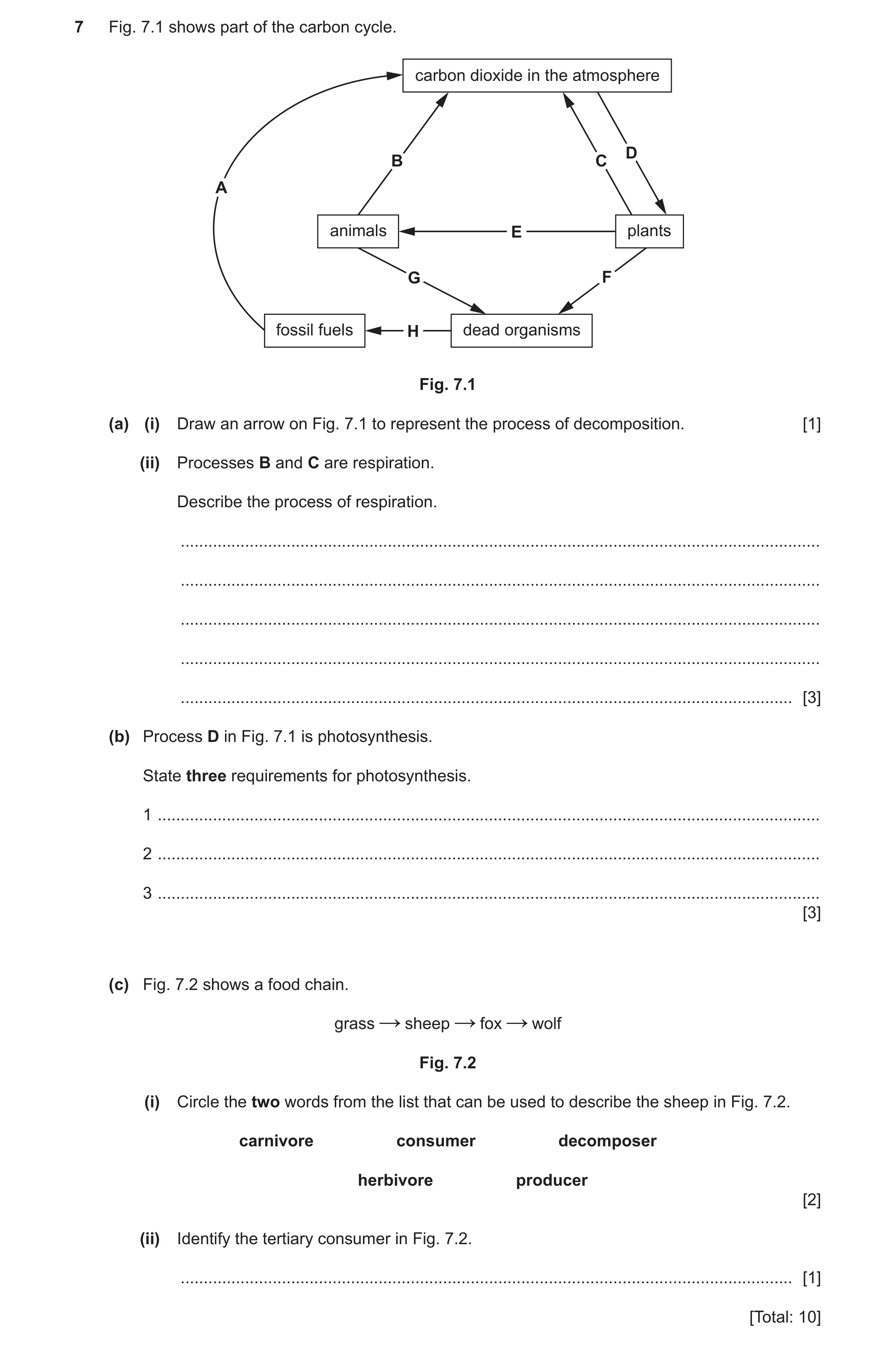 Question 12: Fig. 7.1 shows part of the carbon cycle. carbon dioxide in the atmosphere D B C A animals E plants G F fossil fuels H dead organisms Fig. 7…