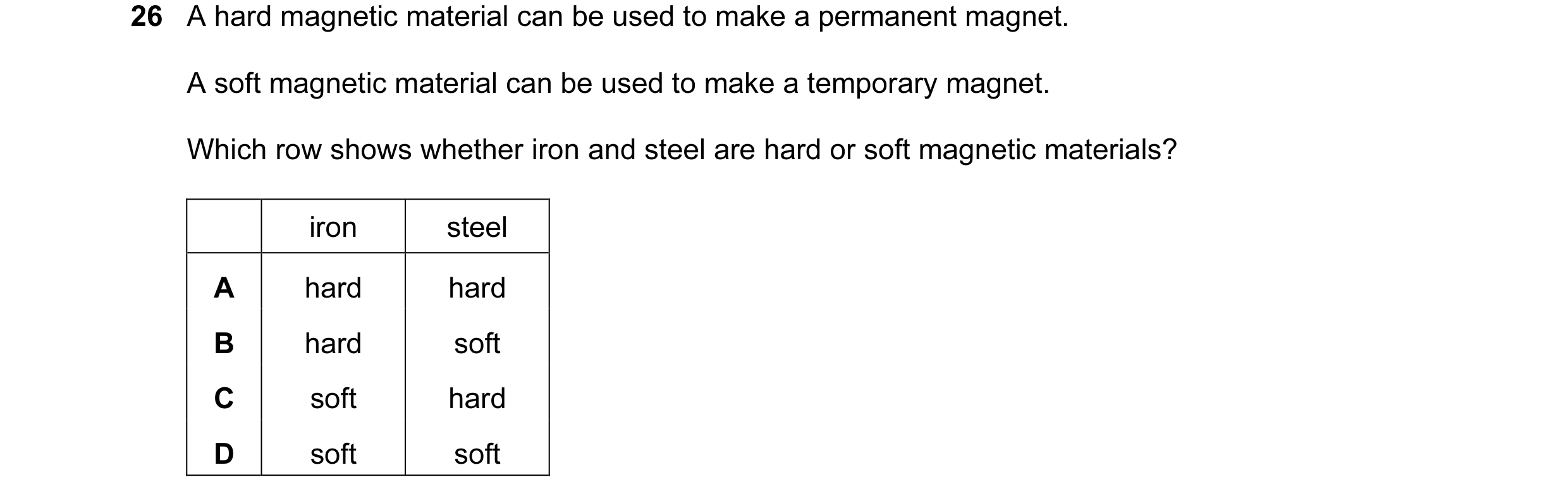 Question 56: A hard magnetic material can be used to make a permanent magnet. A soft magnetic material can be used to make a temporary magnet. Which row…