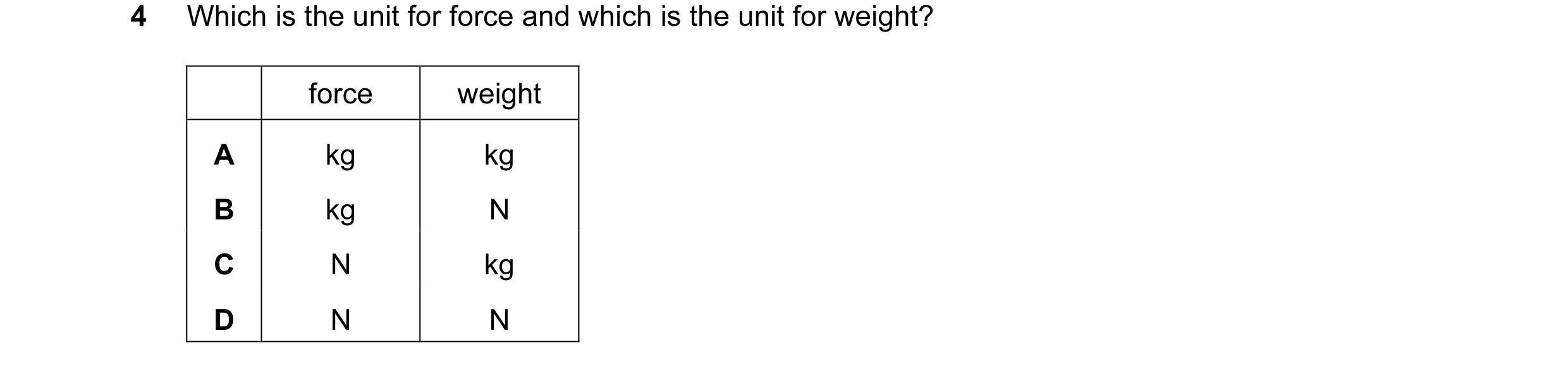 Question 74: Which is the unit for force and which is the unit for weight? force weight A kg kg B kg N C N kg D N N