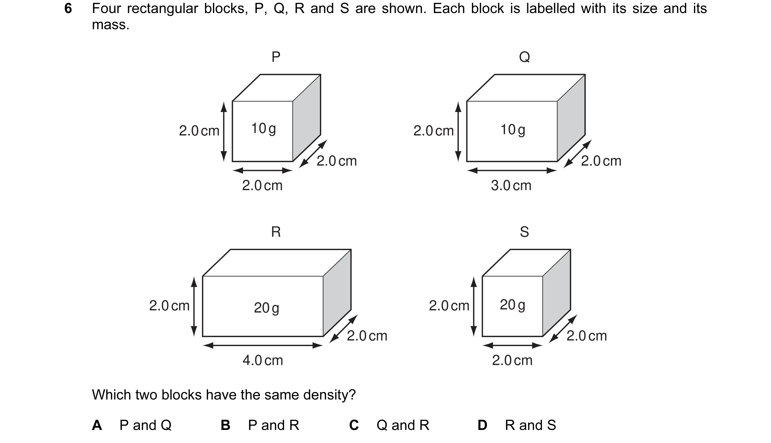 Question 45: Four rectangular blocks, P, Q, R and S are shown. Each block is labelled with its size and its mass. P Q 2.0 cm 10 g 2.0 cm 10 g 2.0 cm 2.0…