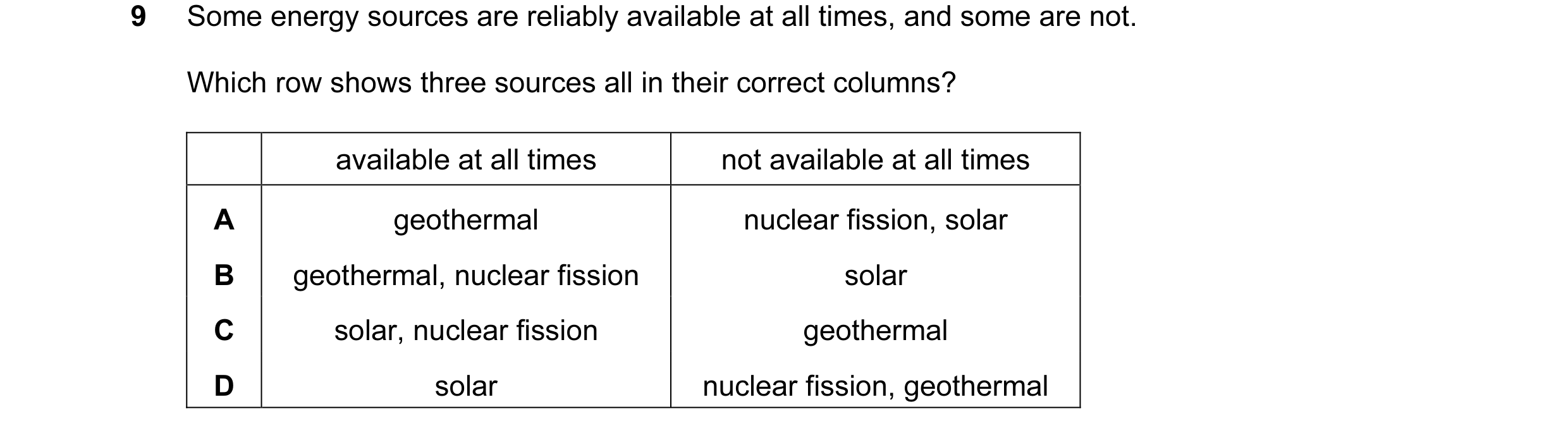 Question 58: Some energy sources are reliably available at all times, and some are not. Which row shows three sources all in their correct columns? avai…