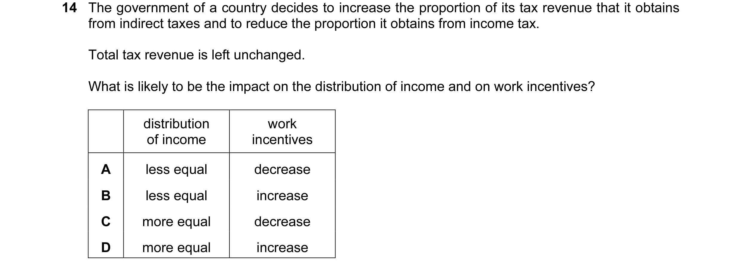 Question 42: The government of a country decides to increase the proportion of its tax revenue that it obtains from indirect taxes and to reduce the pro…