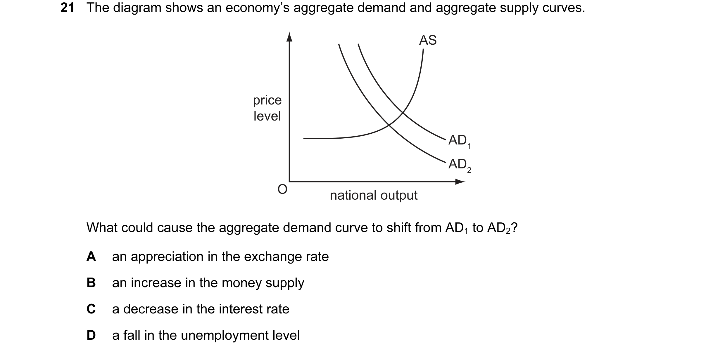 Question 7: The diagram shows an economy’s aggregate demand and aggregate supply curves. AS price level AD1 AD2 O national output What could cause the …