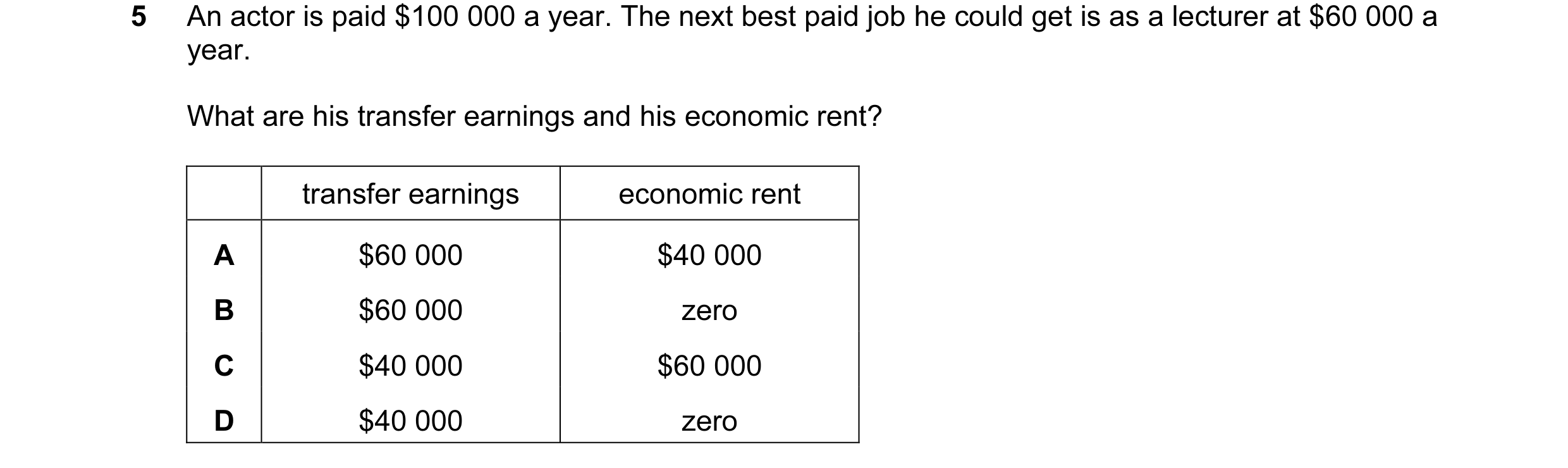 Question 40: An actor is paid $100 000 a year. The next best paid job he could get is as a lecturer at $60 000 a year. What are his transfer earnings an…