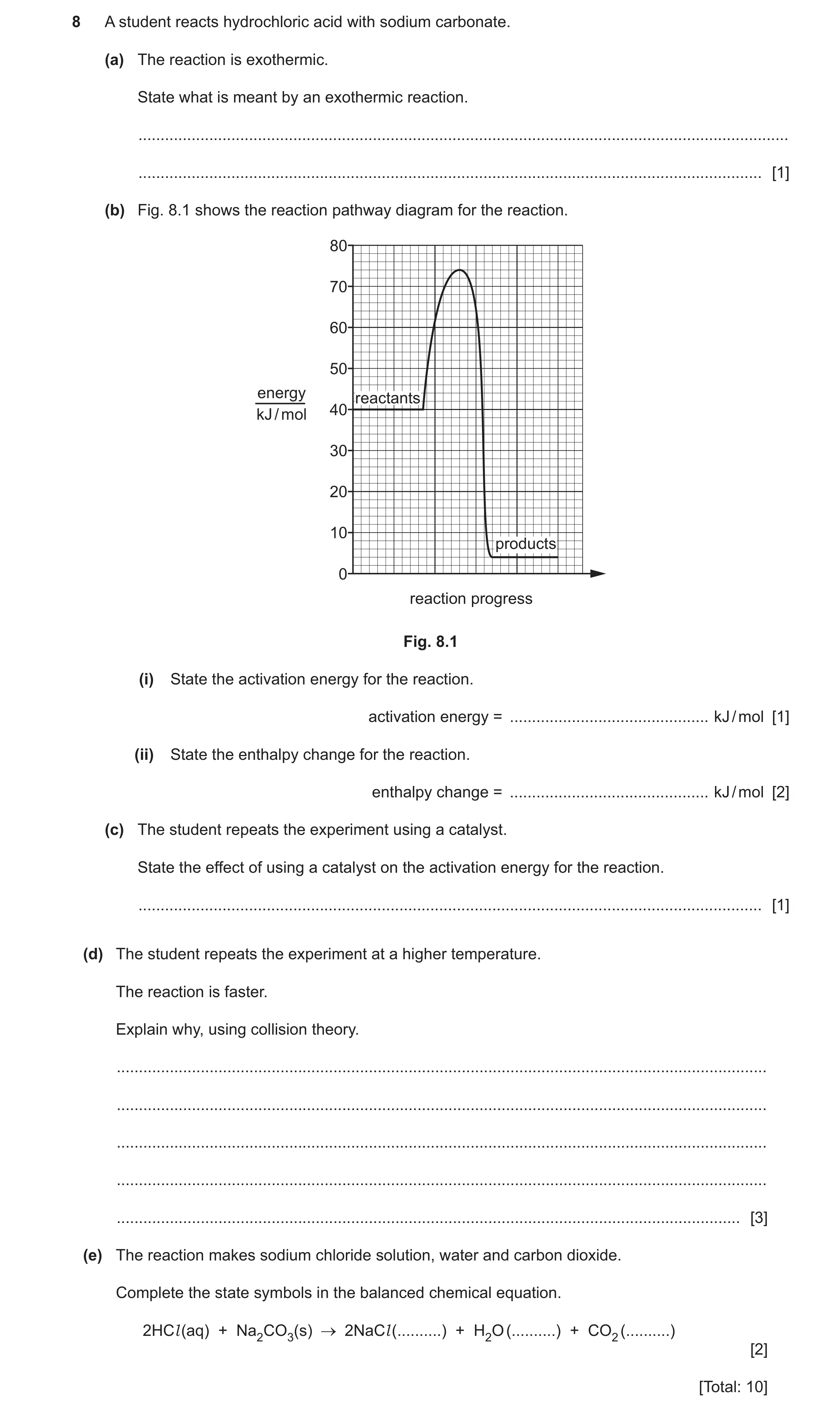 Question 27: A student reacts hydrochloric acid with sodium carbonate. (a) The reaction is exothermic. State what is meant by an exothermic reaction. ..…