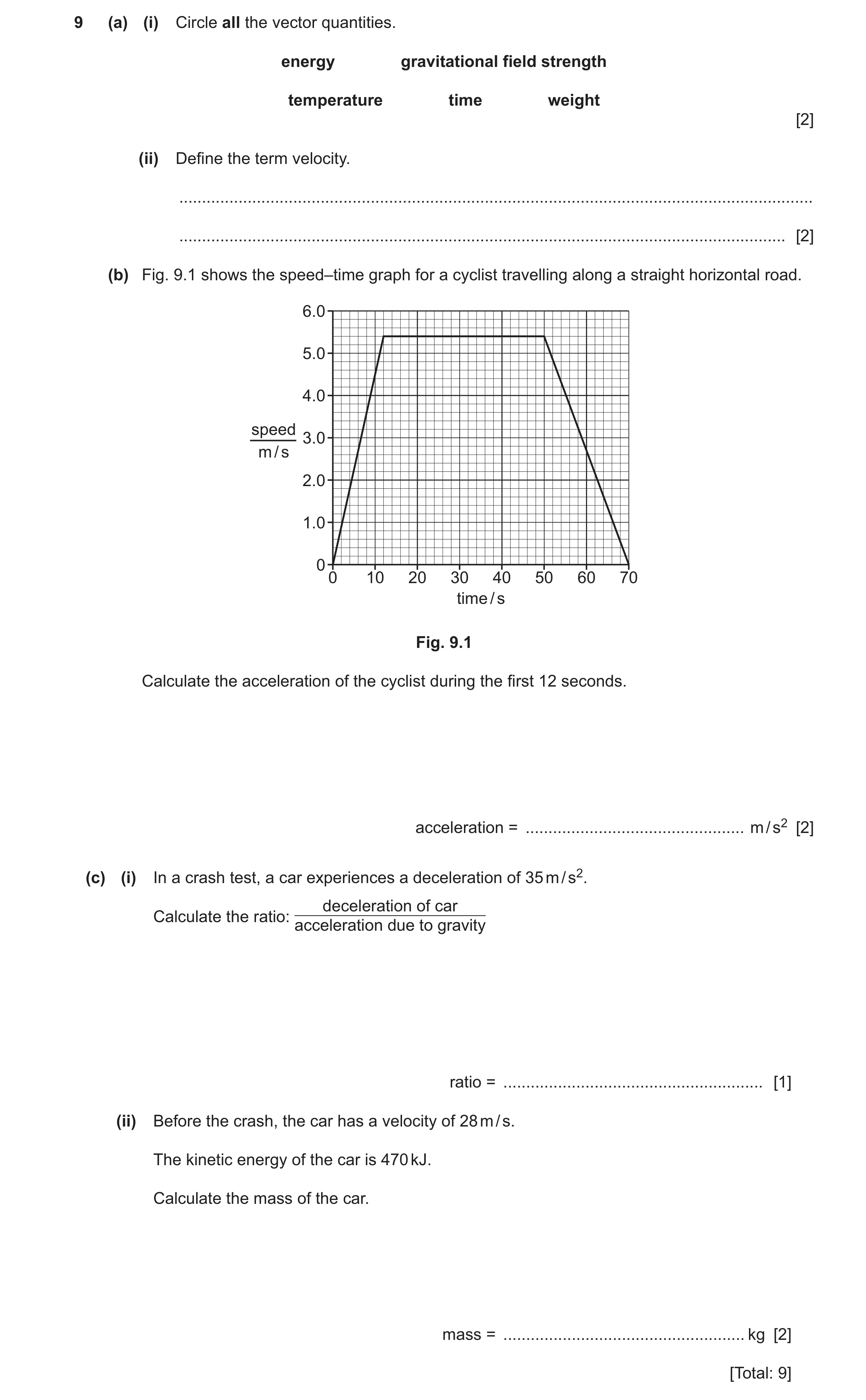 Question 50: (a) (i) Circle all the vector quantities. energy gravitational field strength temperature time weight [2] (ii) Define the term velocity. ..…