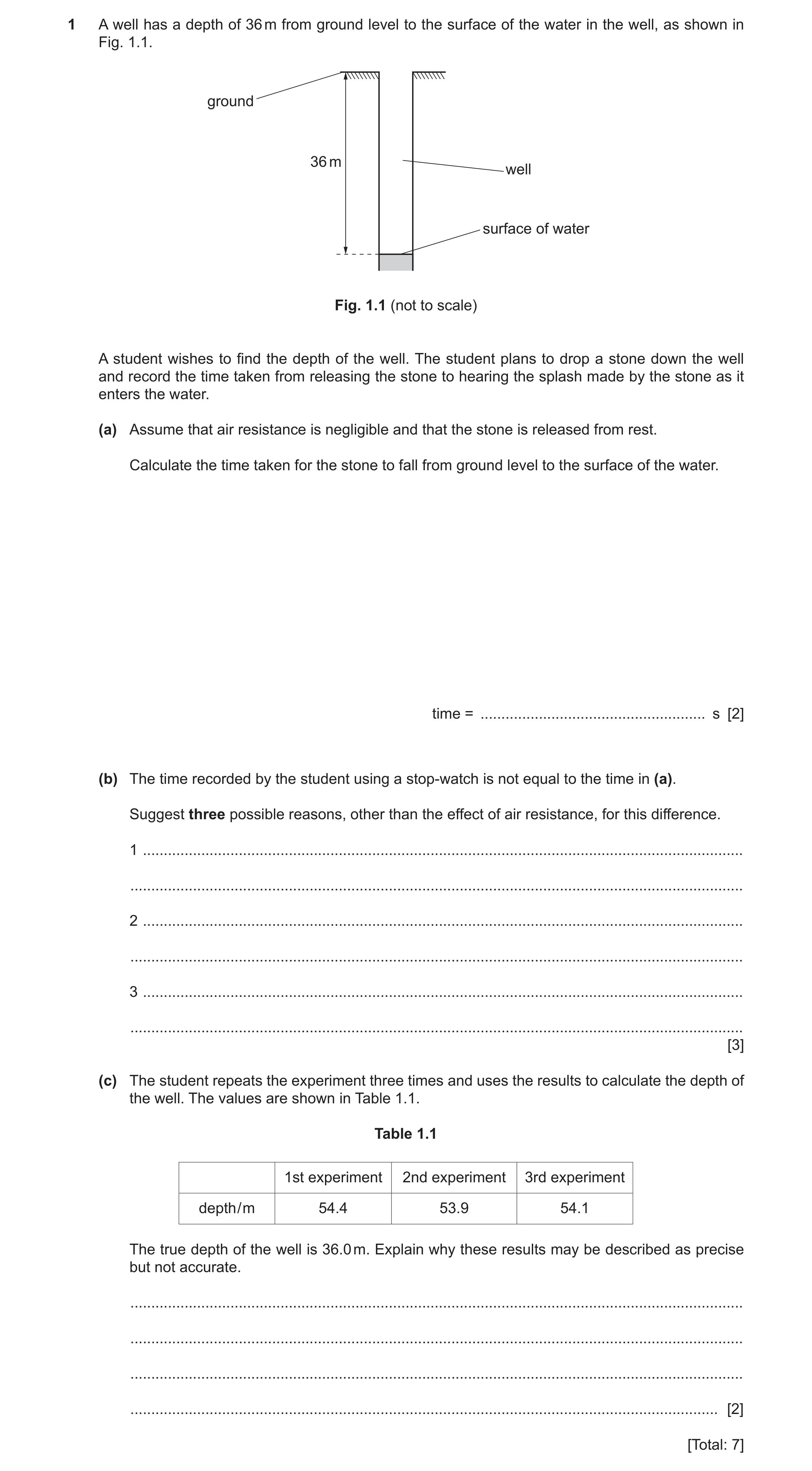 Question 14: A well has a depth of 36 m from ground level to the surface of the water in the well, as shown in Fig. 1.1. ground 36 m well surface of wat…
