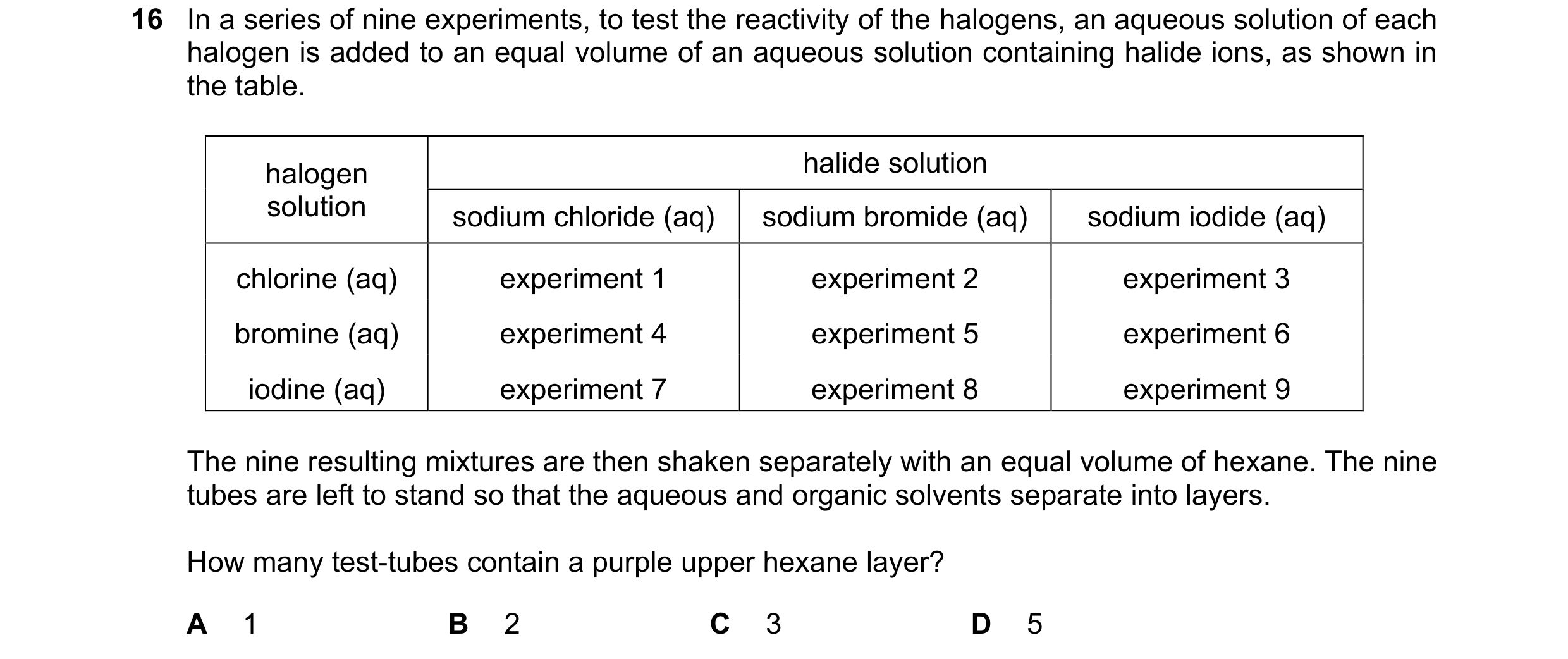 Question 73: In a series of nine experiments, to test the reactivity of the halogens, an aqueous solution of each halogen is added to an equal volume of…
