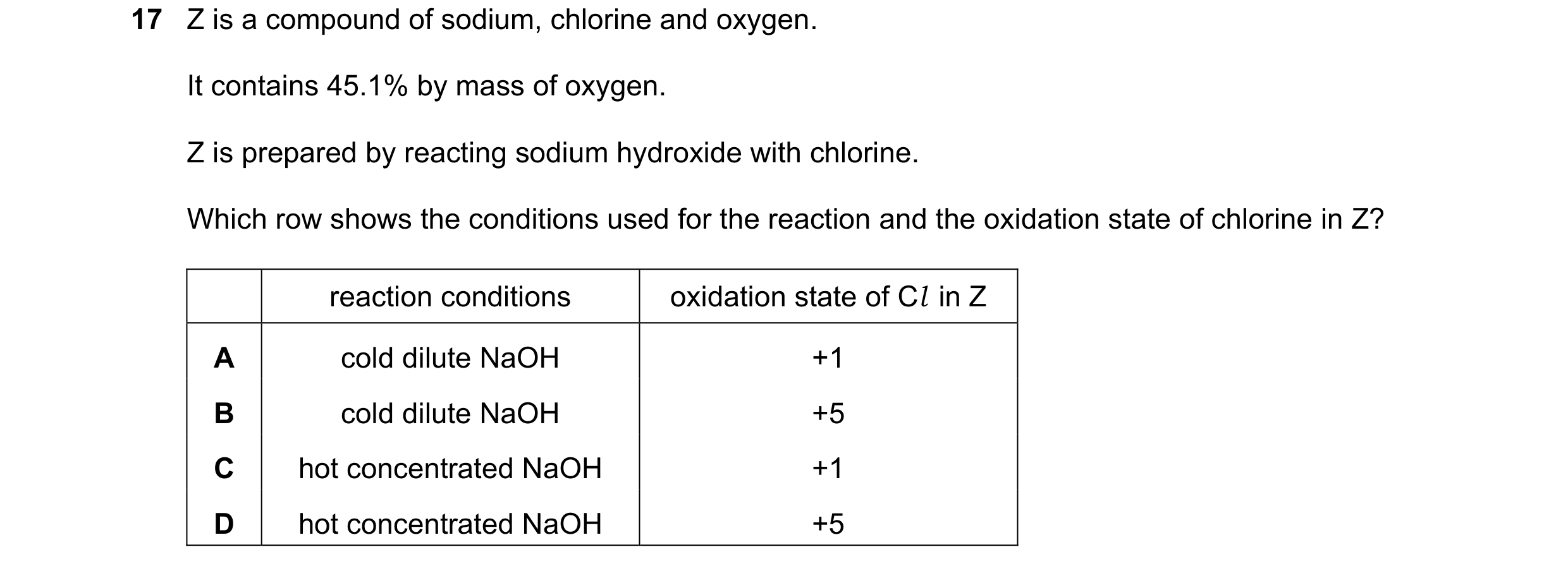 Question 260: Z is a compound of sodium, chlorine and oxygen. It contains 45.1% by mass of oxygen. Z is prepared by reacting sodium hydroxide with chlori…