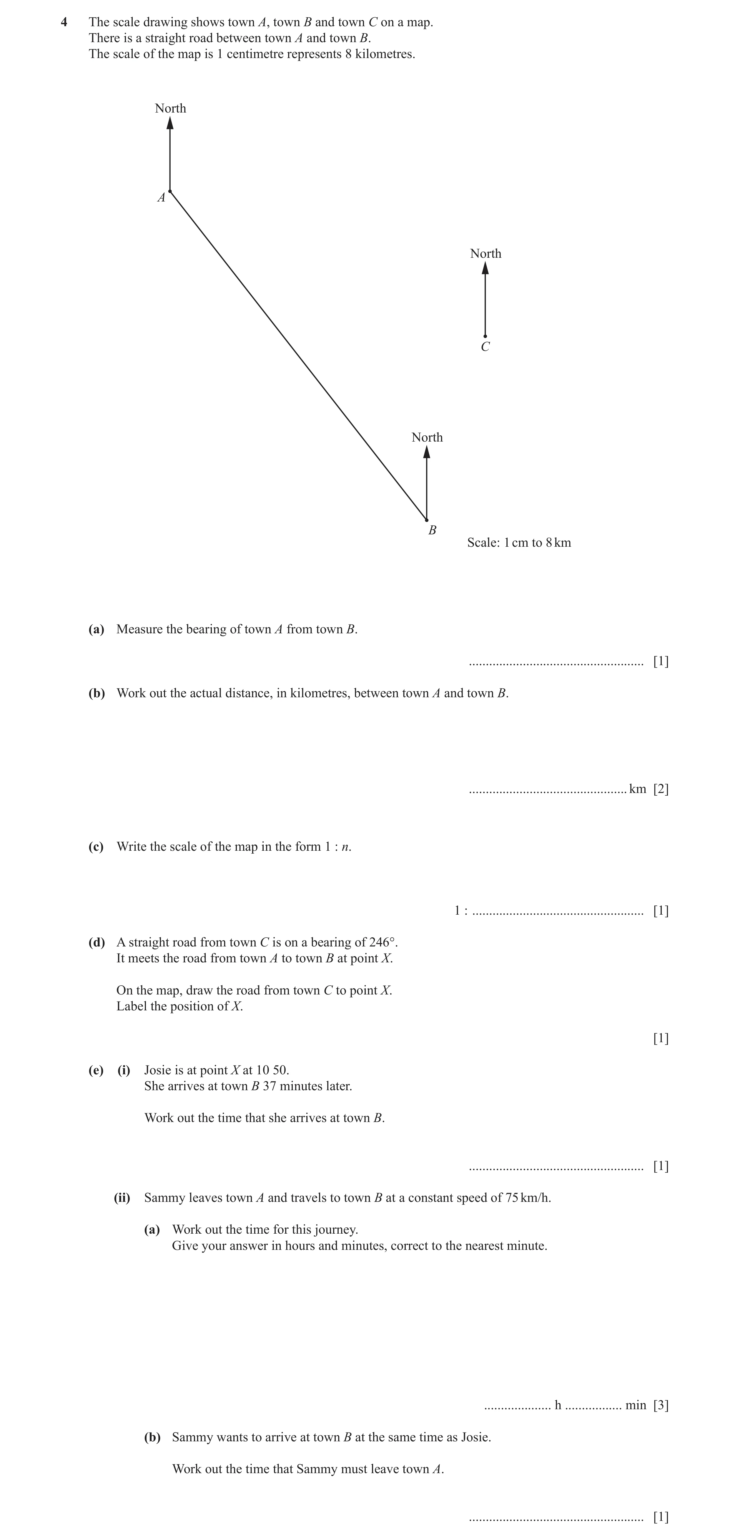 Question 55: The scale drawing shows town A, town B and town C on a map. There is a straight road between town A and town B. The scale of the map is 1 c…