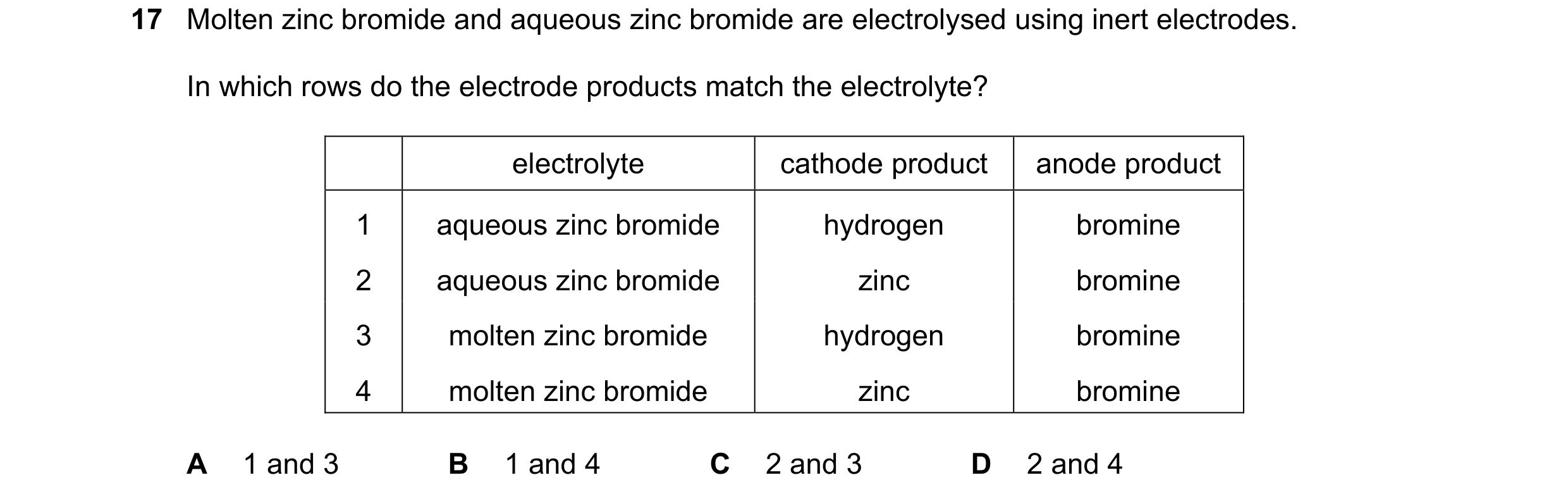 Question 2: Molten zinc bromide and aqueous zinc bromide are electrolysed using inert electrodes. In which rows do the electrode products match the ele…