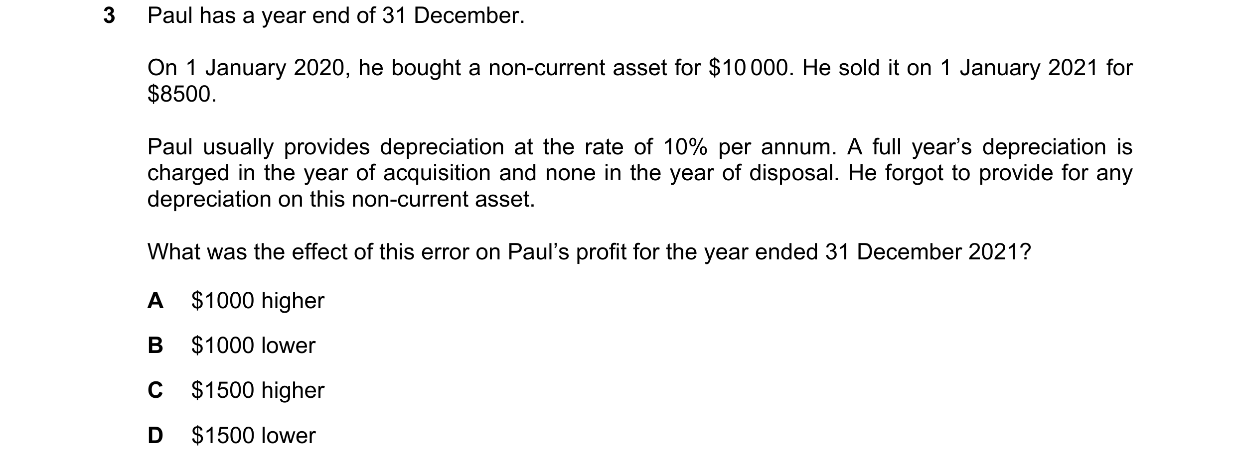 Question 227: Paul has a year end of 31 December. On 1 January 2020, he bought a non-current asset for $10 000. He sold it on 1 January 2021 for $8500. P…