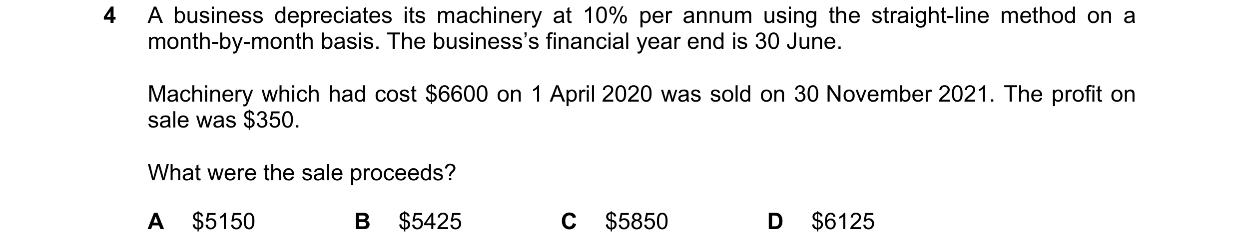 Question 228: A business depreciates its machinery at 10% per annum using the straight-line method on a month-by-month basis. The business’s financial ye…