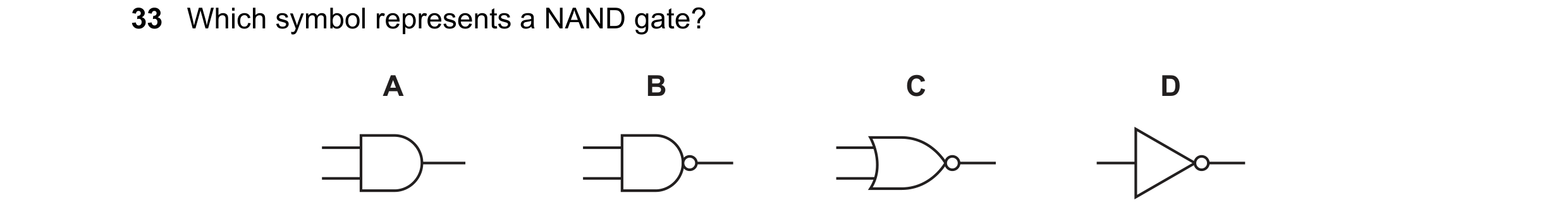 Question 45: Which symbol represents a NAND gate? A B C D