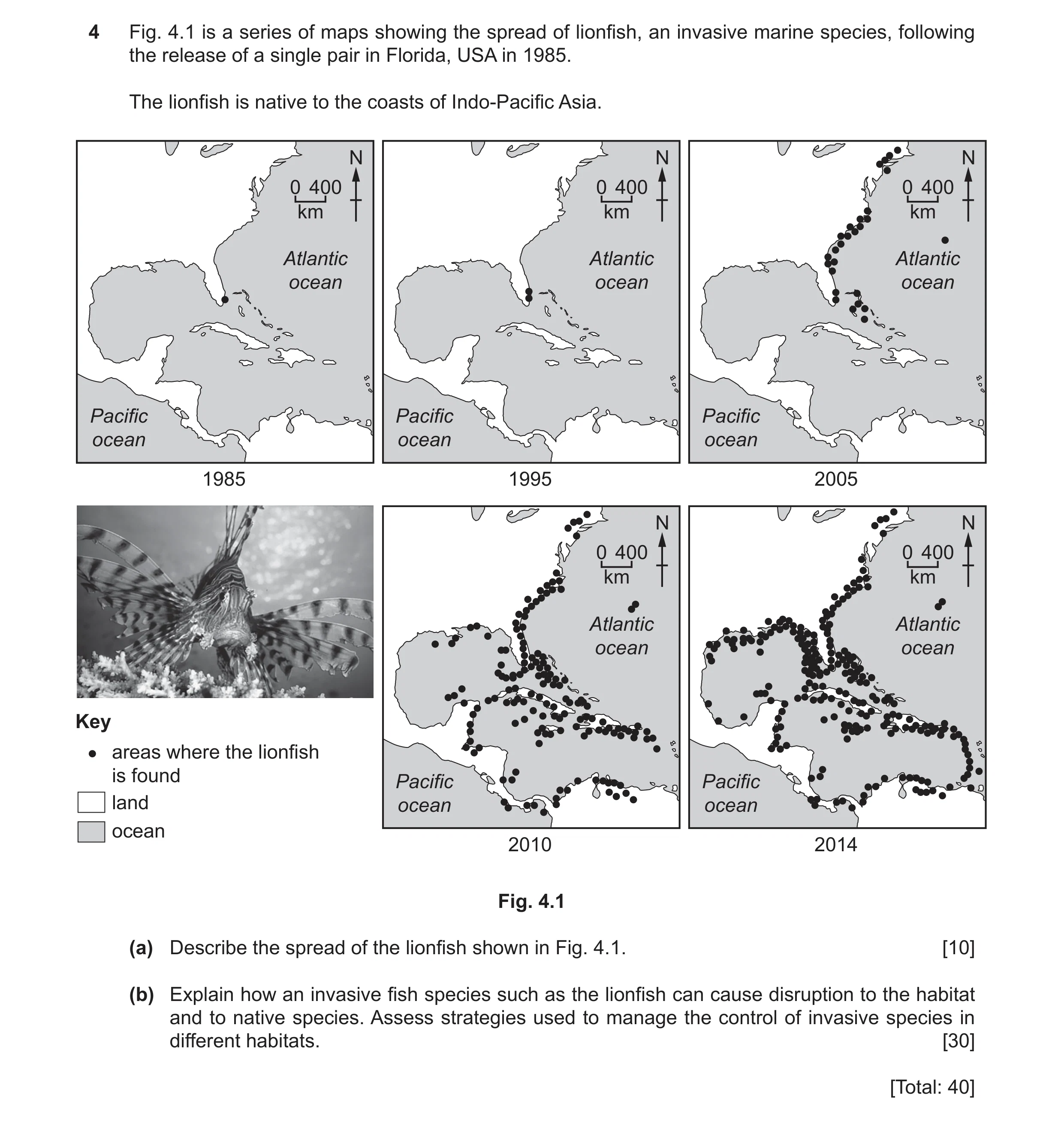 Question 36: Fig. 4.1 is a series of maps showing the spread of lionfish, an invasive marine species, following the release of a single pair in Florida,…