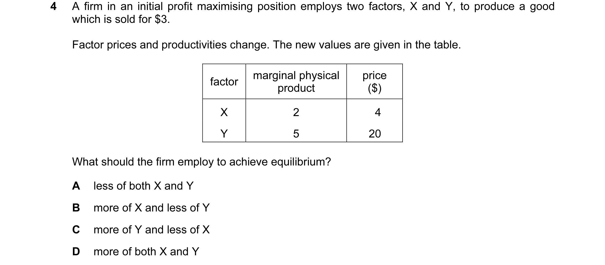 Question 62: A firm in an initial profit maximising position employs two factors, X and Y, to produce a good which is sold for $3. Factor prices and pro…