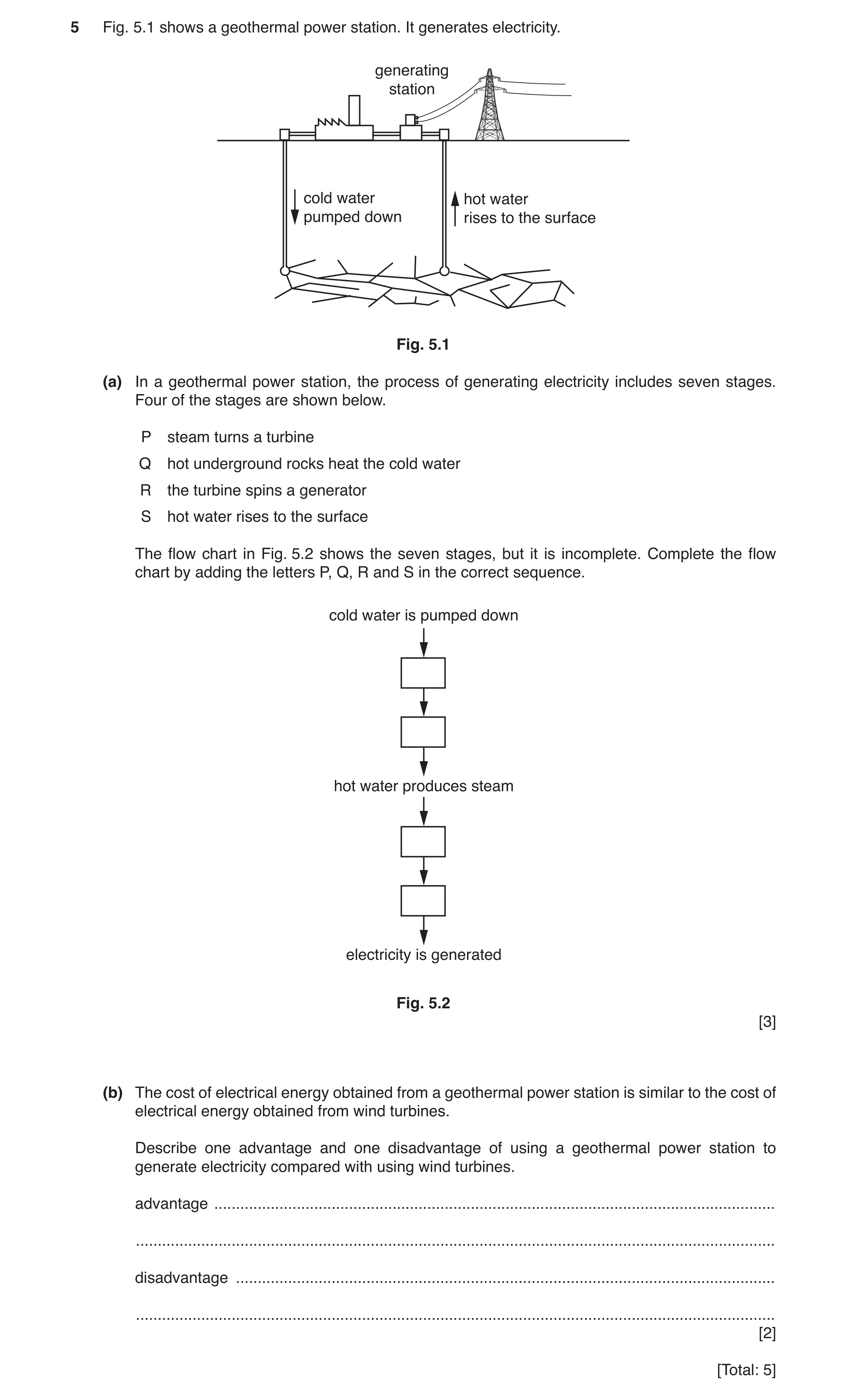 Question 76: Fig. 5.1 shows a geothermal power station. It generates electricity. generating station cold water hot water pumped down rises to the surfa…