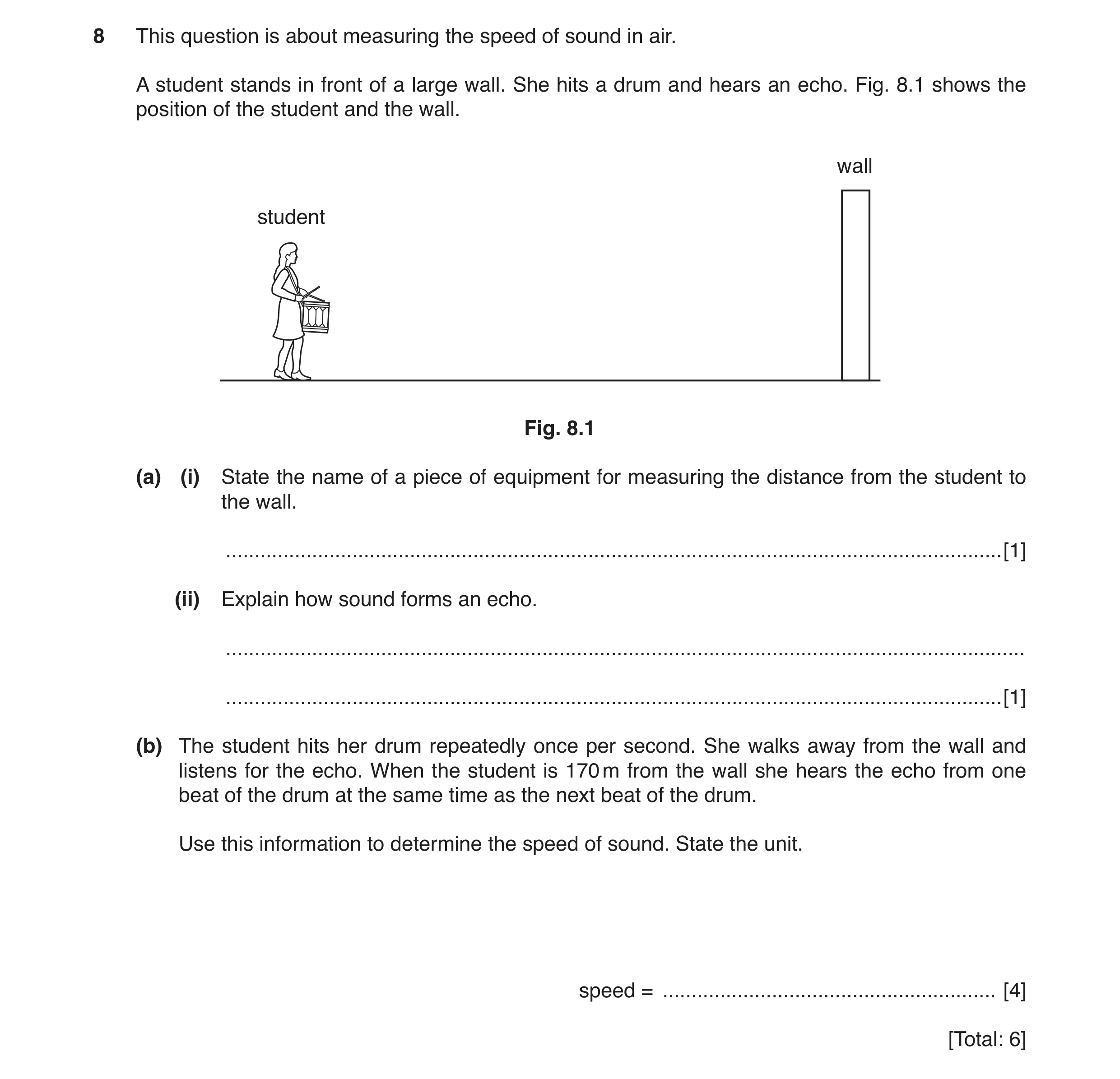 Question 8: This question is about measuring the speed of sound in air. A student stands in front of a large wall. She hits a drum and hears an echo. F…