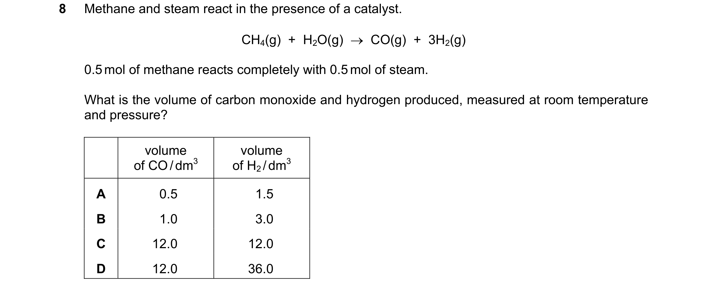 Question 17: Methane and steam react in the presence of a catalyst. CH4(g)  +  H2O(g)    CO(g)  +  3H2(g) 0.5 mol of methane reacts completely with 0.5…