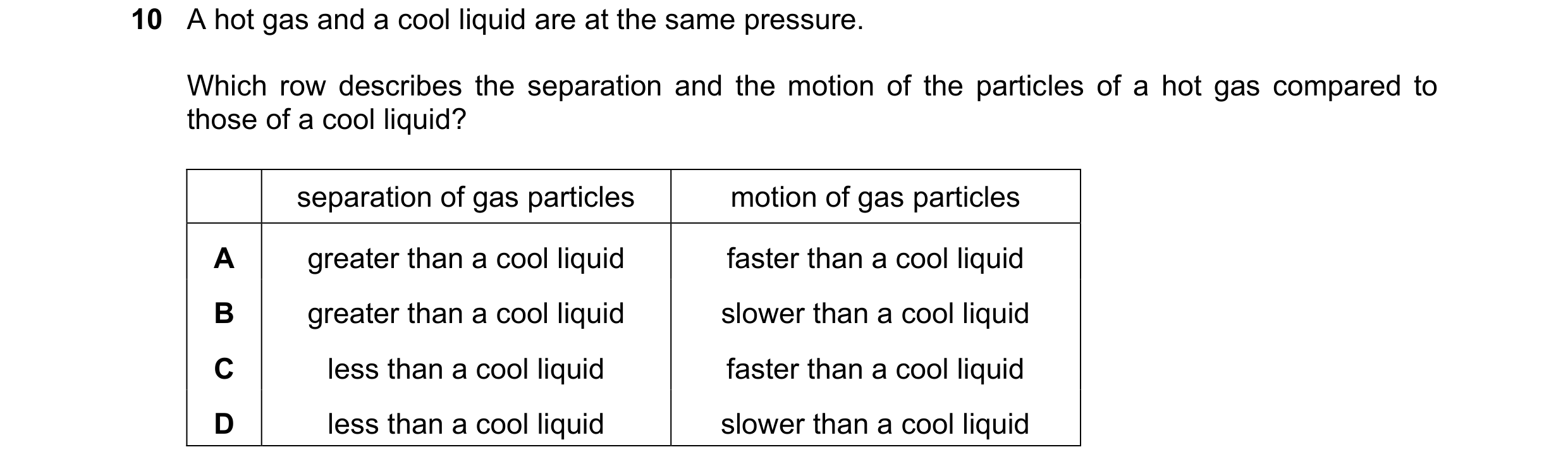 Question 50: A hot gas and a cool liquid are at the same pressure. Which row describes the separation and the motion of the particles of a hot gas compa…