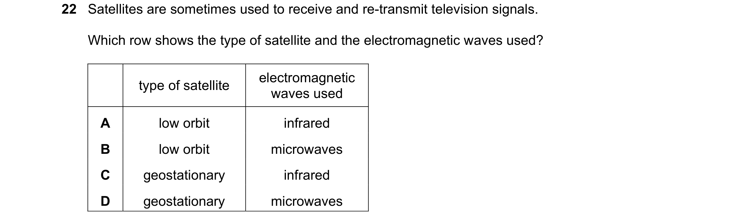 Question 10: Satellites are sometimes used to receive and re-transmit television signals. Which row shows the type of satellite and the electromagnetic …